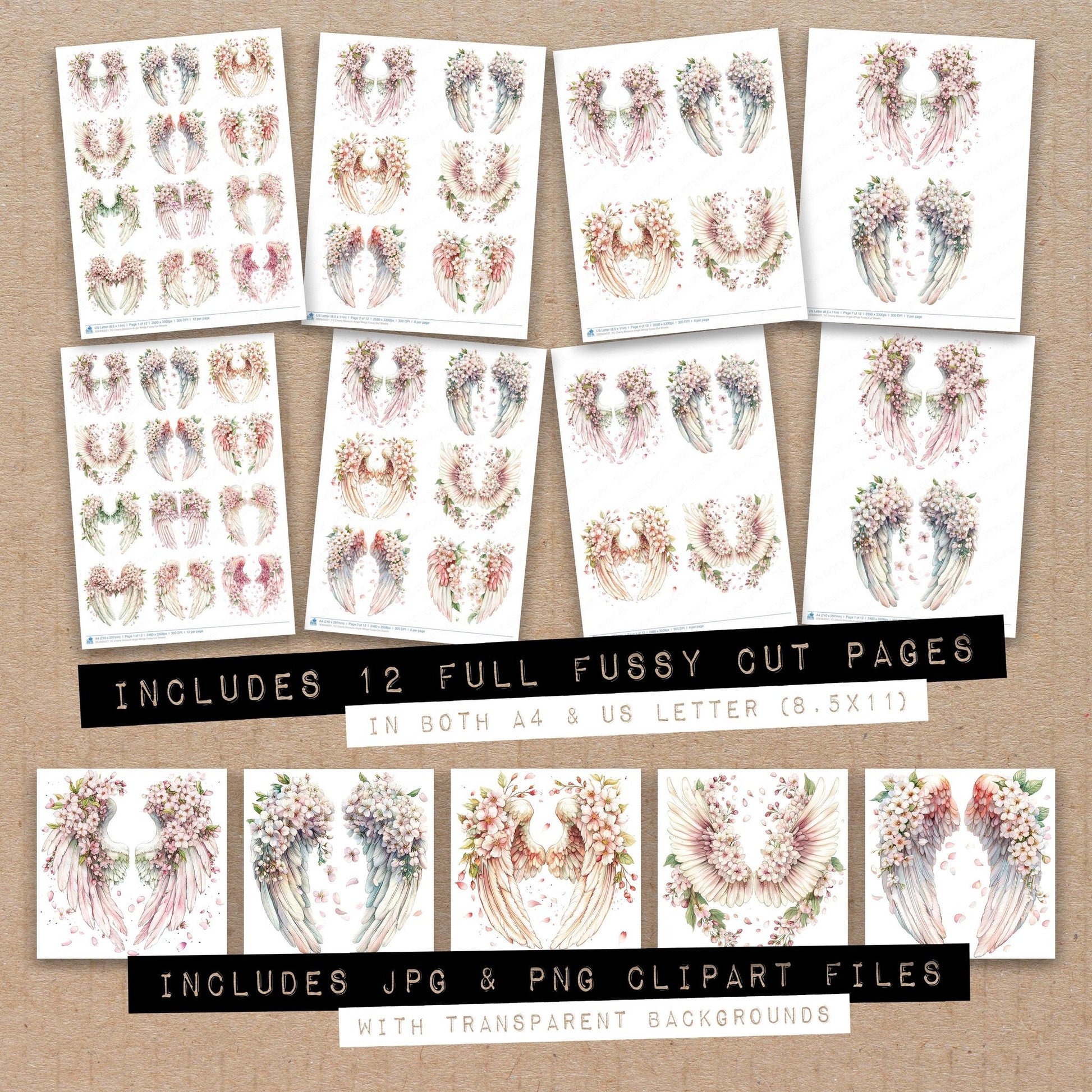Full collection view of Cherry Blossom Angel Wings fussy cut sheets with bonus clipart JPG and PNG files