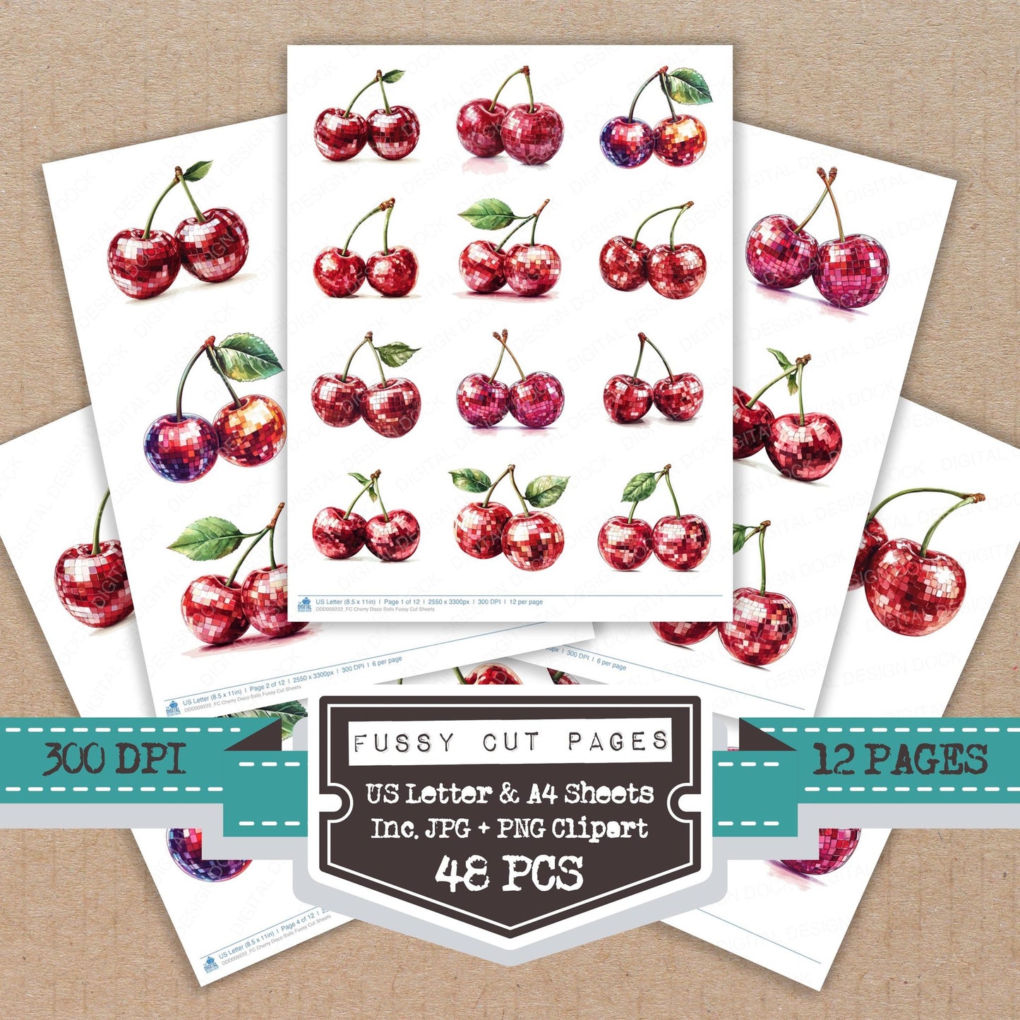 Cherry Disco Balls fussy cut printable sheets for junk journaling, scrapbooking, and paper craft projects