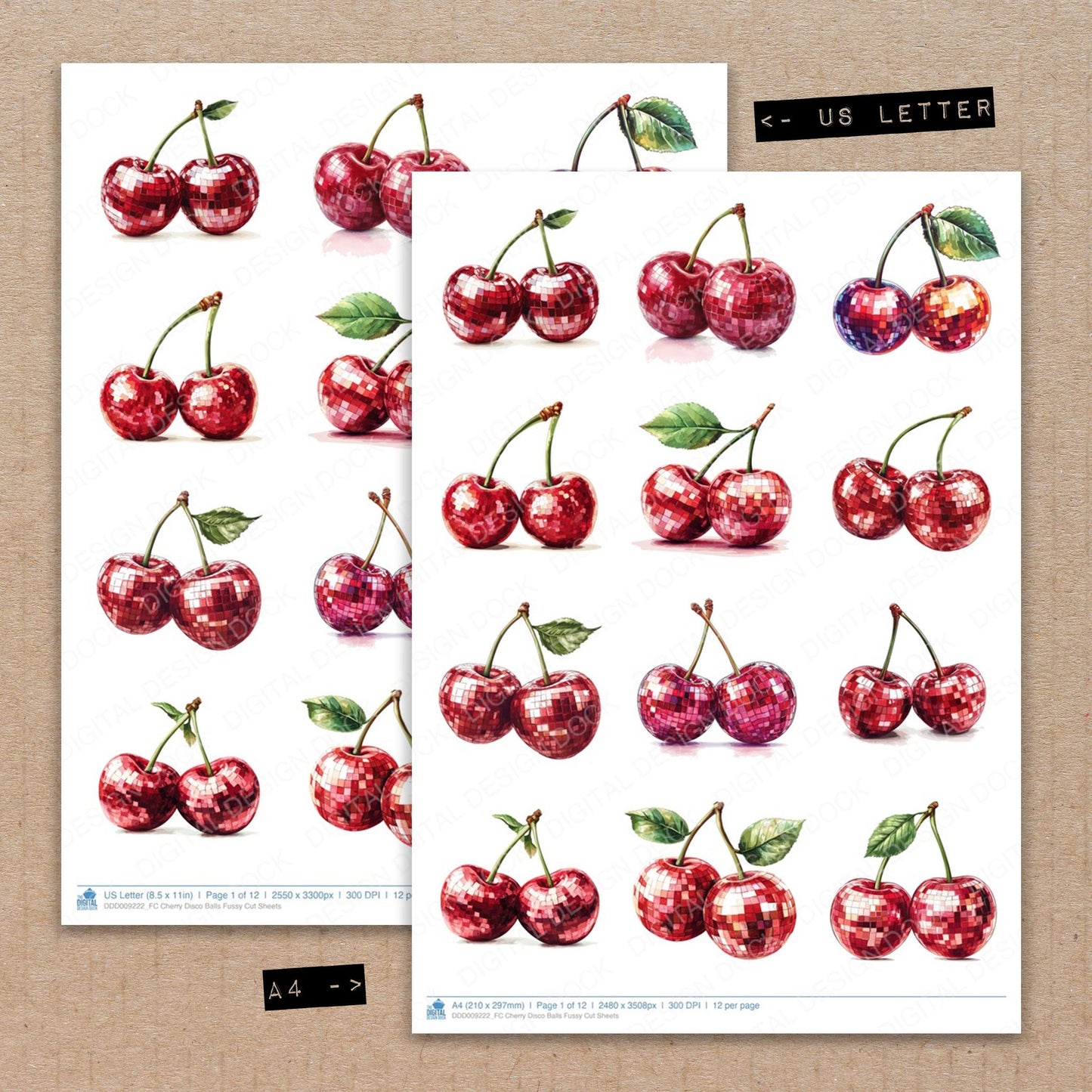 A4 and US Letter format comparison showing Cherry Disco Balls fussy cut pages for print and cut crafting