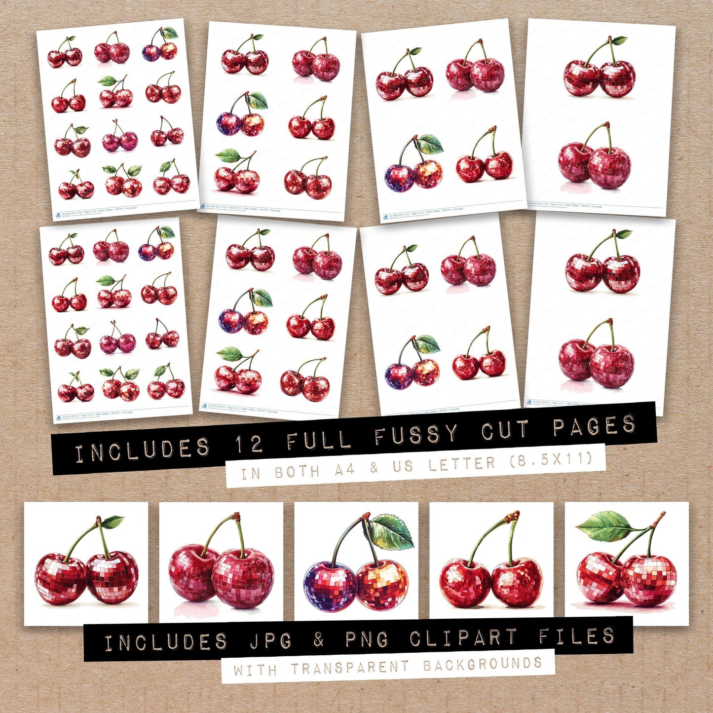 Full collection view of Cherry Disco Balls fussy cut sheets with bonus clipart JPG and PNG files