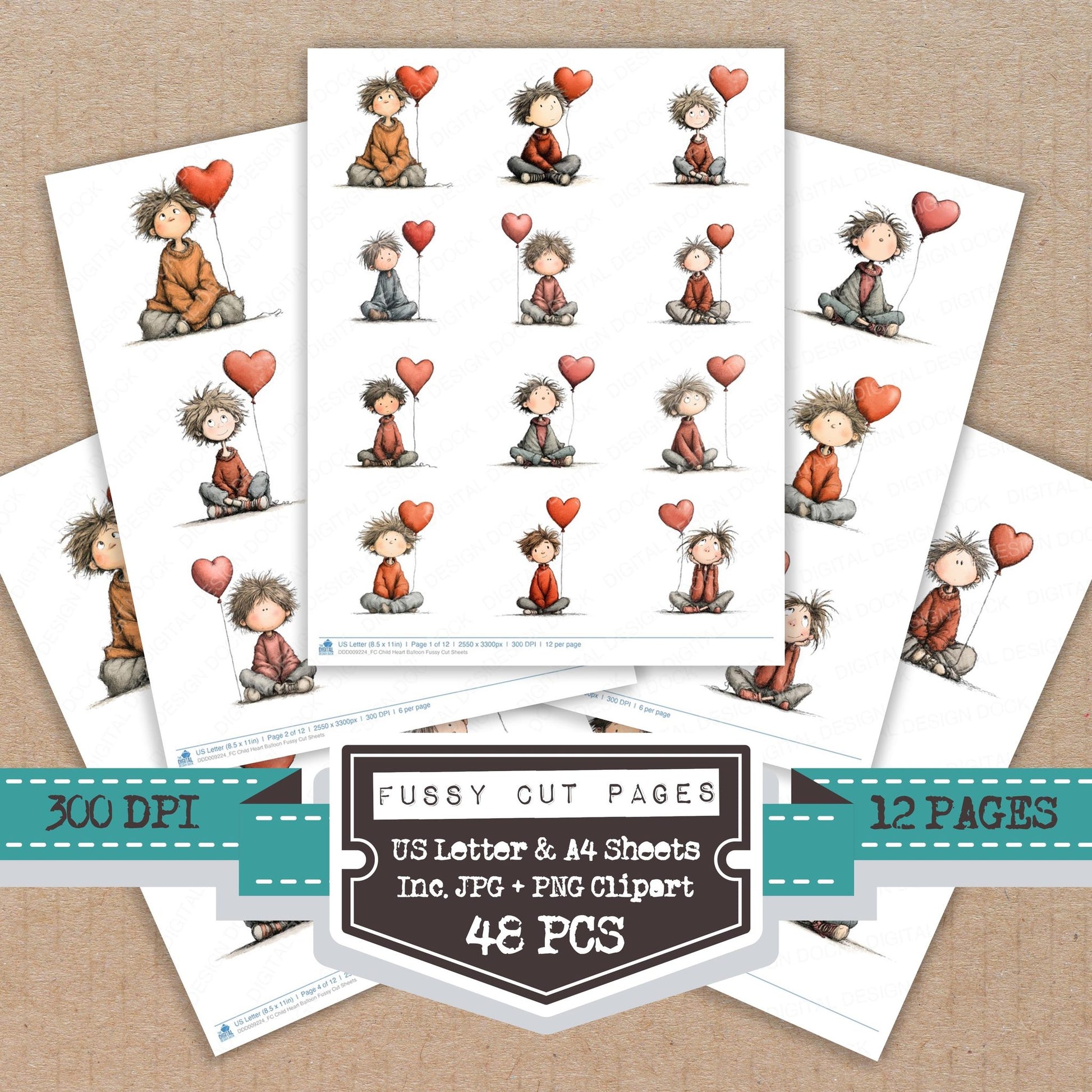 Child Heart Balloon fussy cut printable sheets for junk journaling, scrapbooking, and paper craft projects