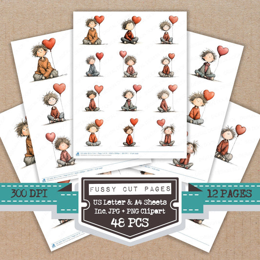 Child Heart Balloon fussy cut printable sheets for junk journaling, scrapbooking, and paper craft projects