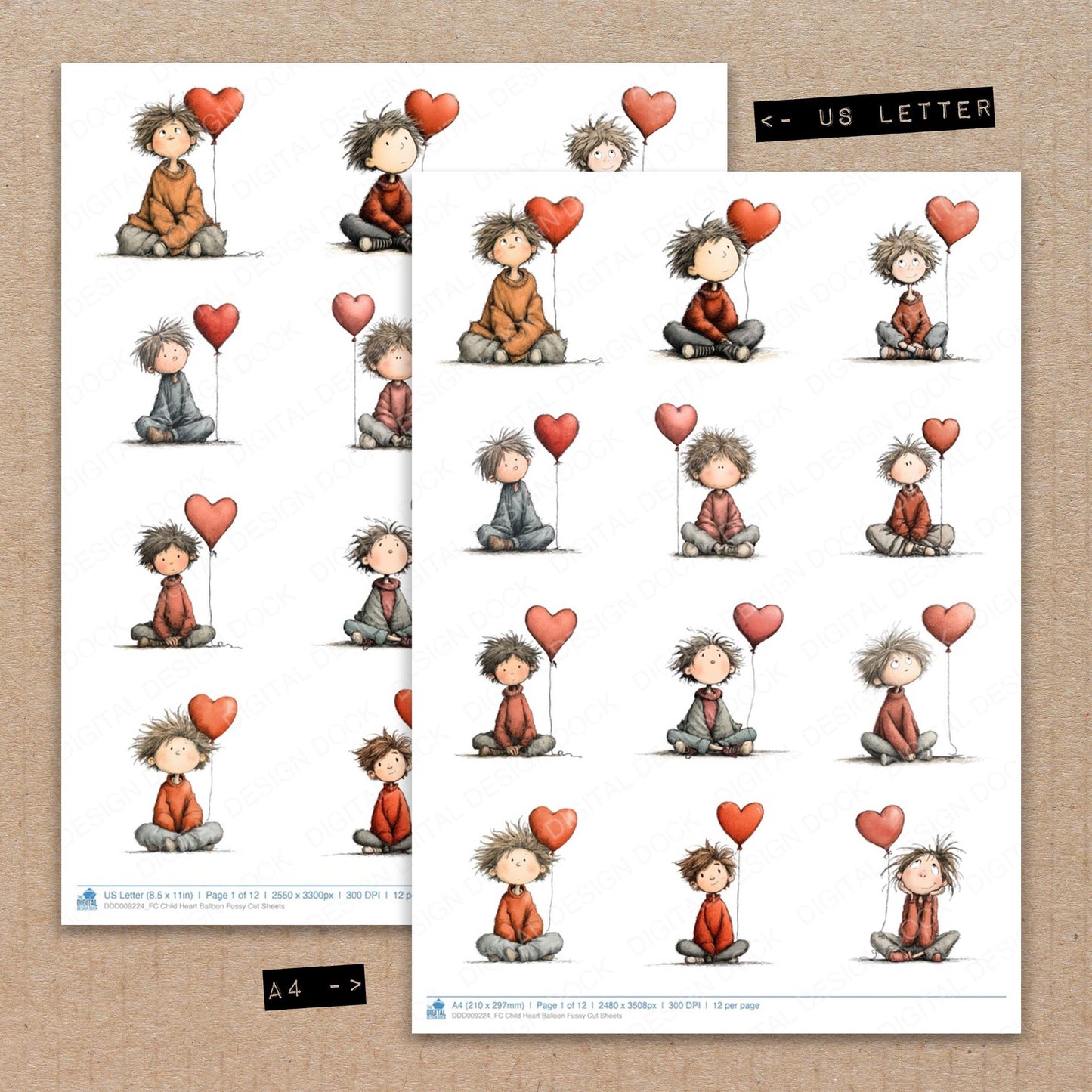 A4 and US Letter format comparison showing Child Heart Balloon fussy cut pages for print and cut crafting