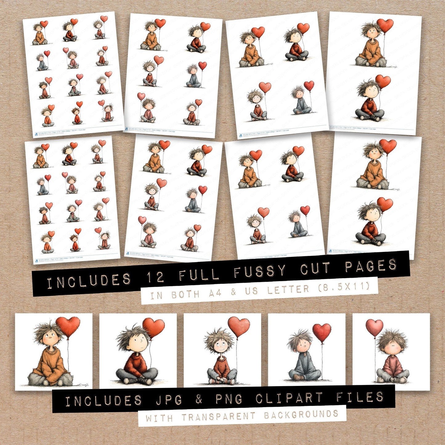 Full collection view of Child Heart Balloon fussy cut sheets with bonus clipart JPG and PNG files
