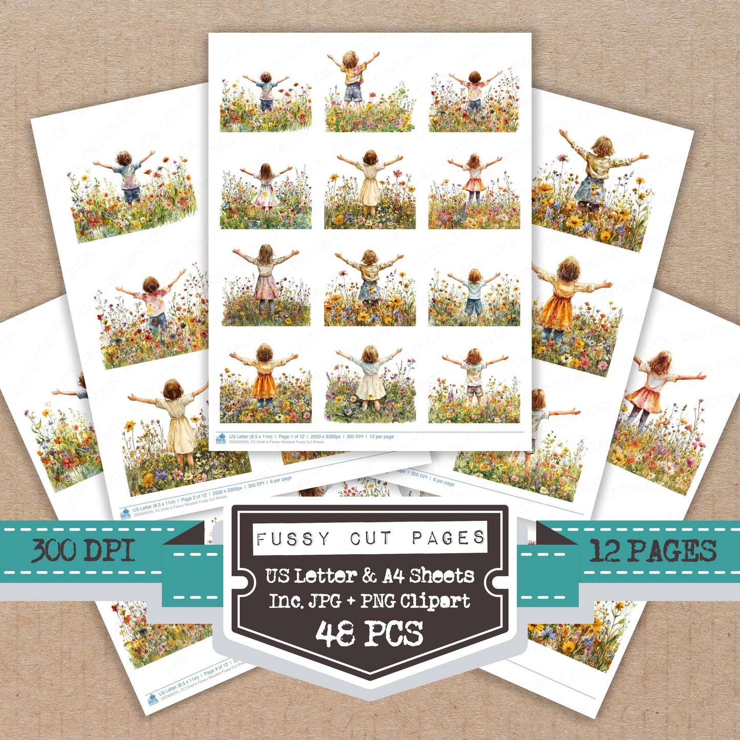 Child in Flower Meadow fussy cut printable sheets for junk journaling, scrapbooking, and paper craft projects