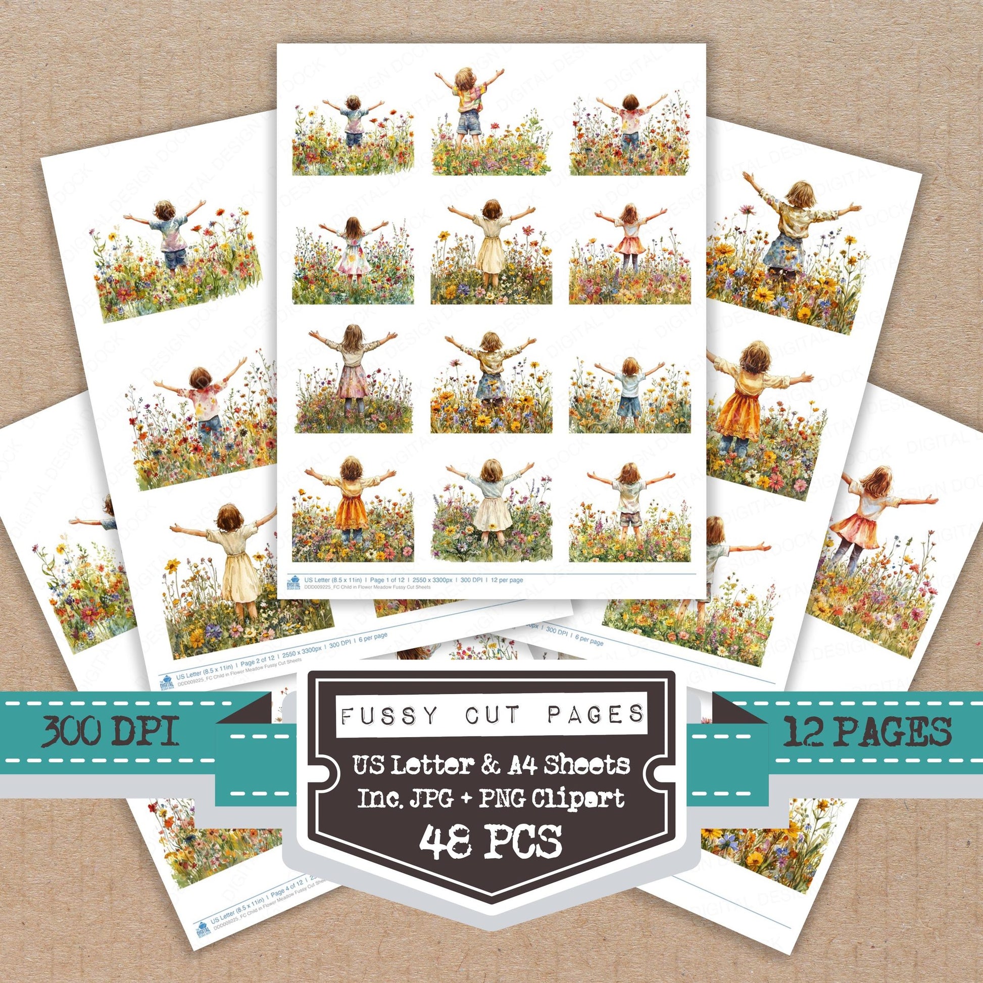 Child in Flower Meadow fussy cut printable sheets for junk journaling, scrapbooking, and paper craft projects