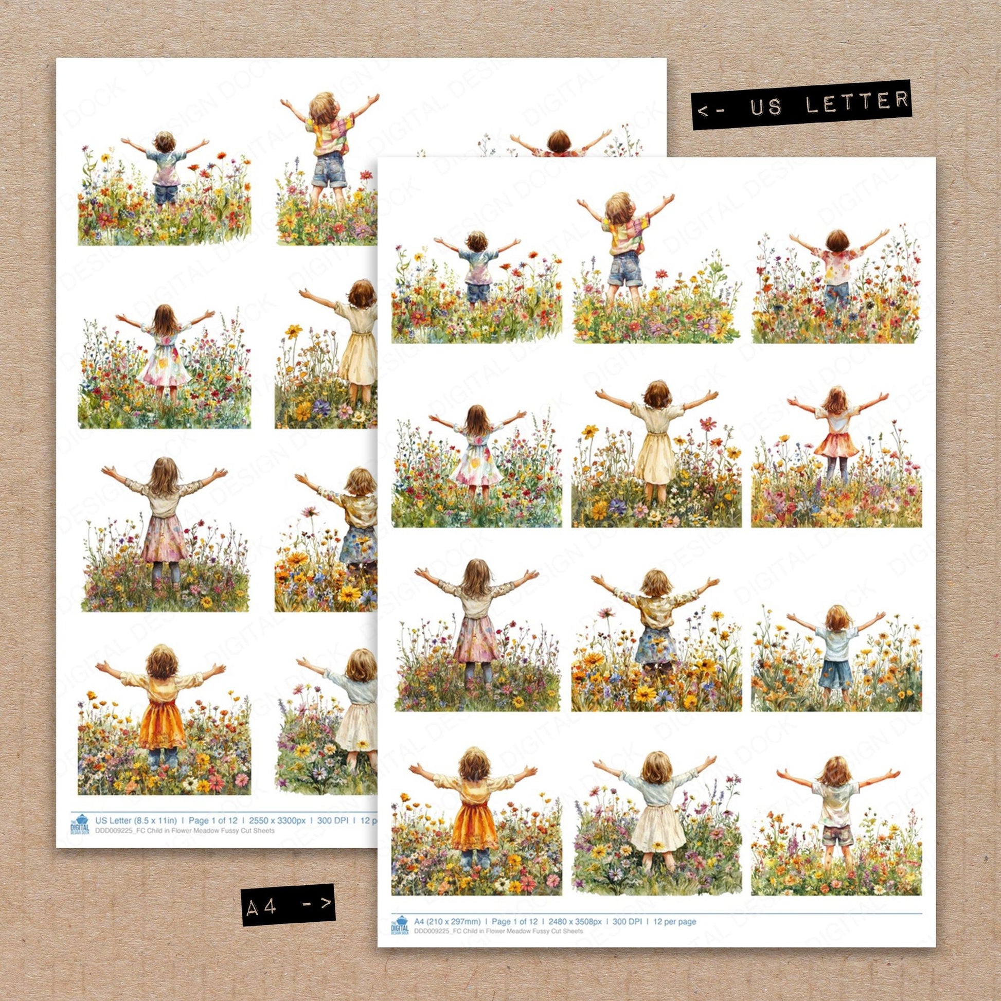 A4 and US Letter format comparison showing Child in Flower Meadow fussy cut pages for print and cut crafting