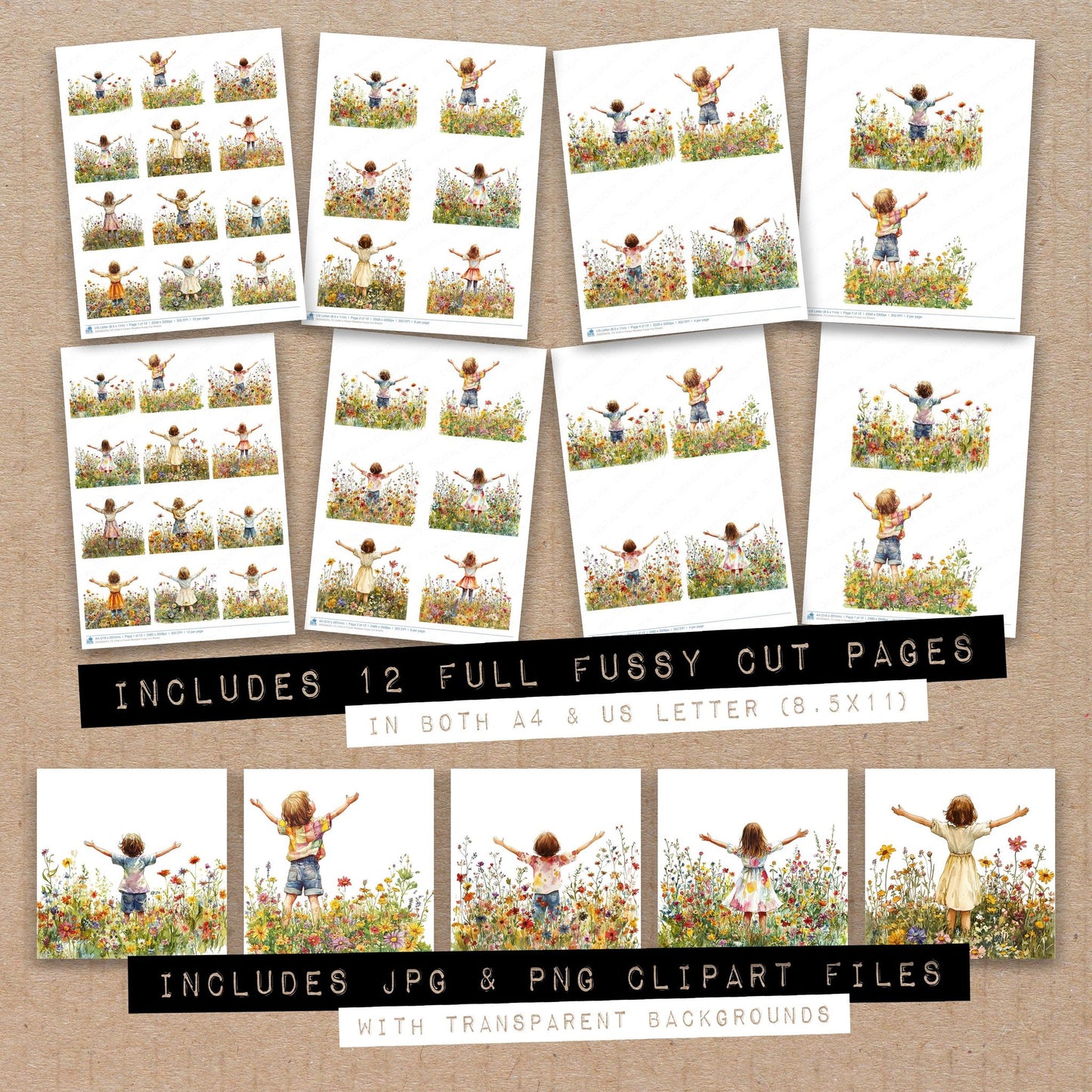 Full collection view of Child in Flower Meadow fussy cut sheets with bonus clipart JPG and PNG files
