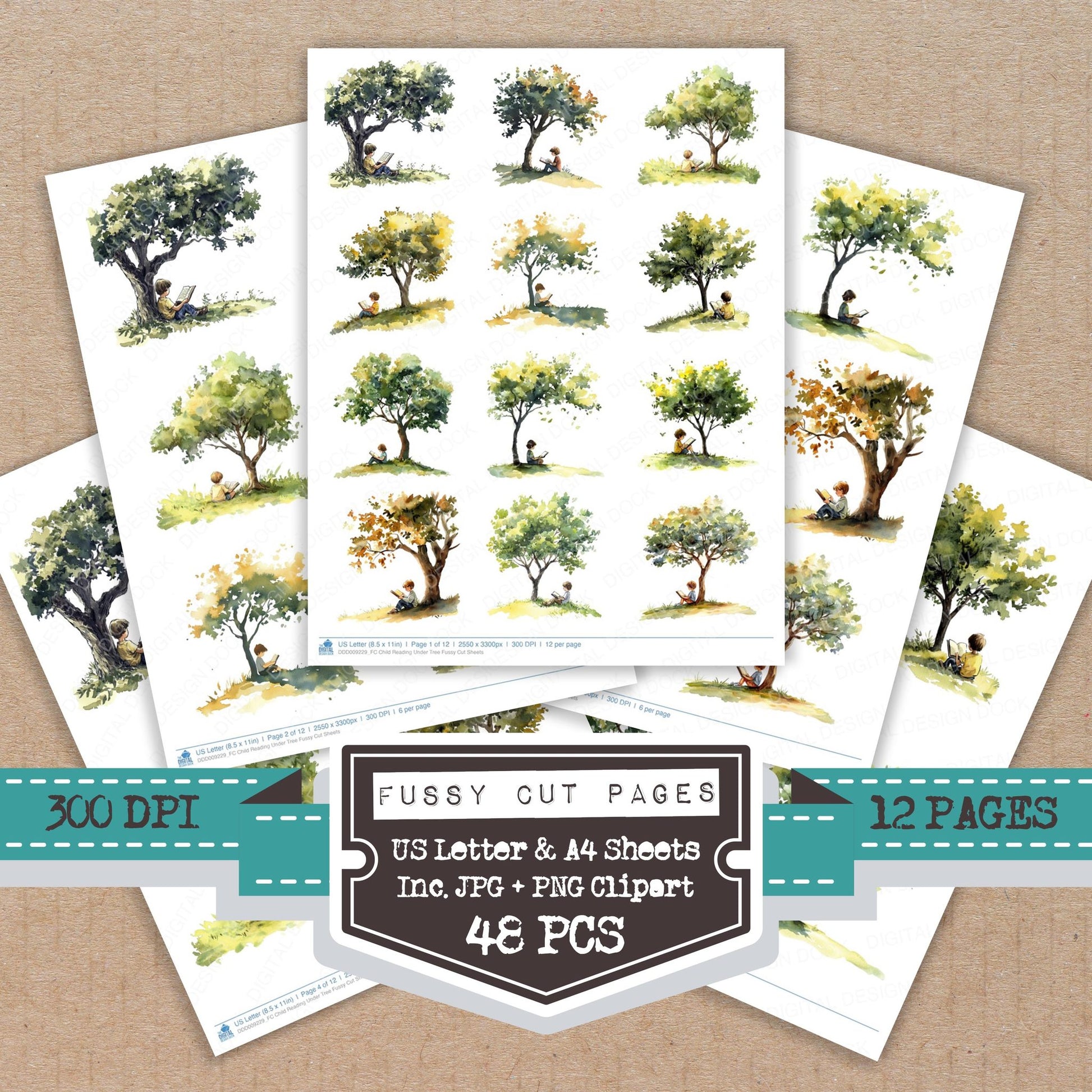 Child Reading Under Tree fussy cut printable sheets for junk journaling, scrapbooking, and paper craft projects