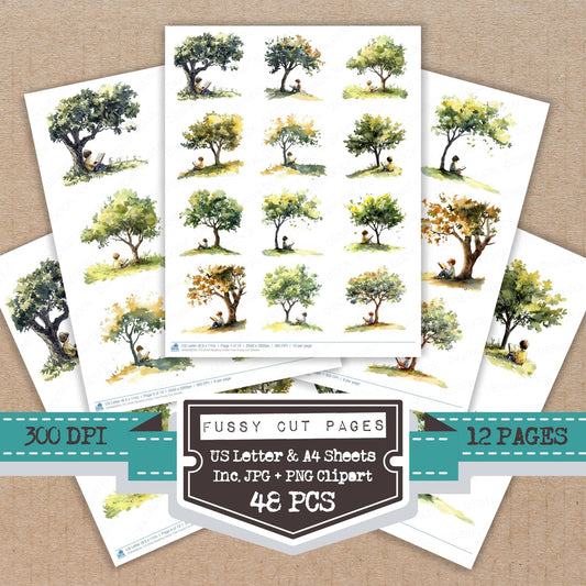 Child Reading Under Tree fussy cut printable sheets for junk journaling, scrapbooking, and paper craft projects