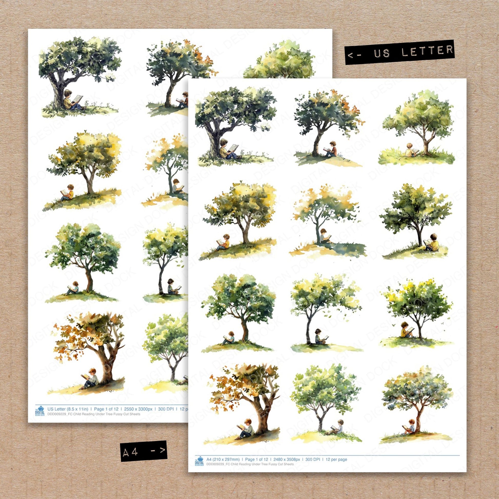 A4 and US Letter format comparison showing Child Reading Under Tree fussy cut pages for print and cut crafting