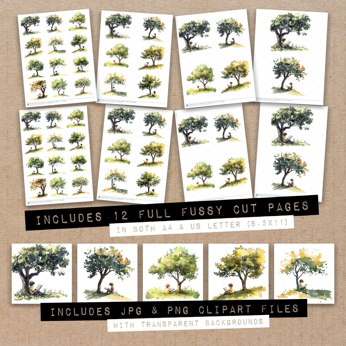 Full collection view of Child Reading Under Tree fussy cut sheets with bonus clipart JPG and PNG files