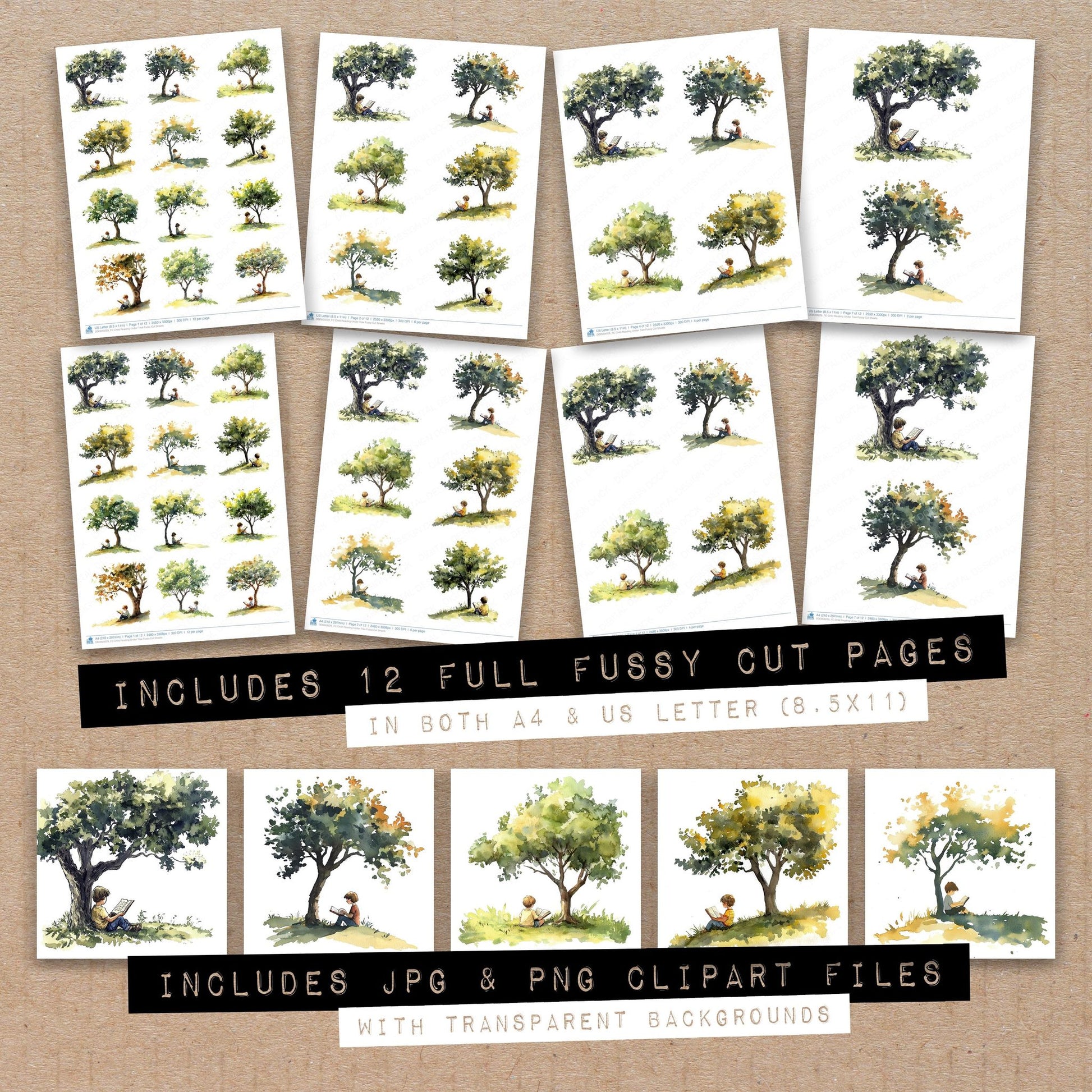 Full collection view of Child Reading Under Tree fussy cut sheets with bonus clipart JPG and PNG files