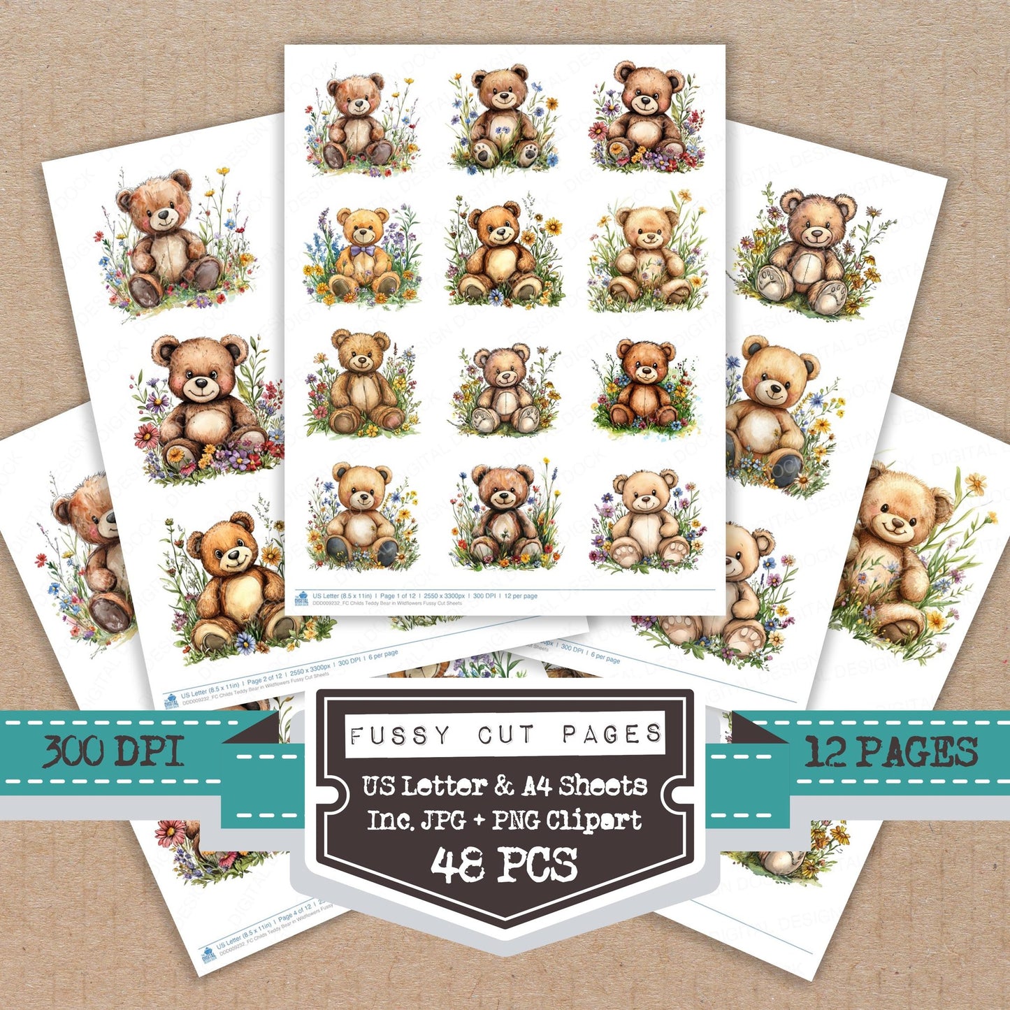 Childs Teddy Bear in Wildflowers fussy cut printable sheets for junk journaling, scrapbooking, and paper craft projects