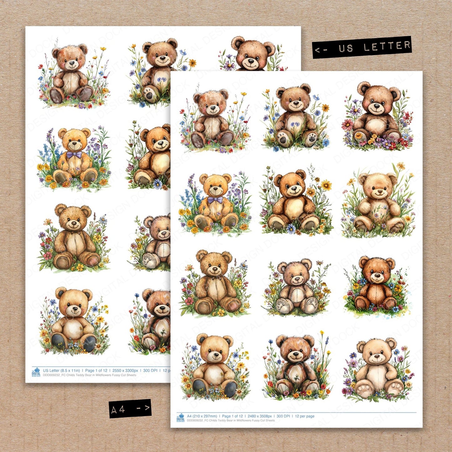 A4 and US Letter format comparison showing Childs Teddy Bear in Wildflowers fussy cut pages for print and cut crafting