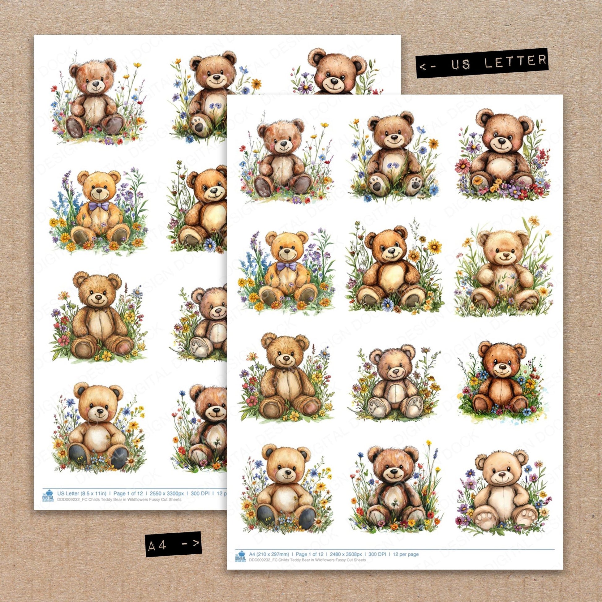 A4 and US Letter format comparison showing Childs Teddy Bear in Wildflowers fussy cut pages for print and cut crafting