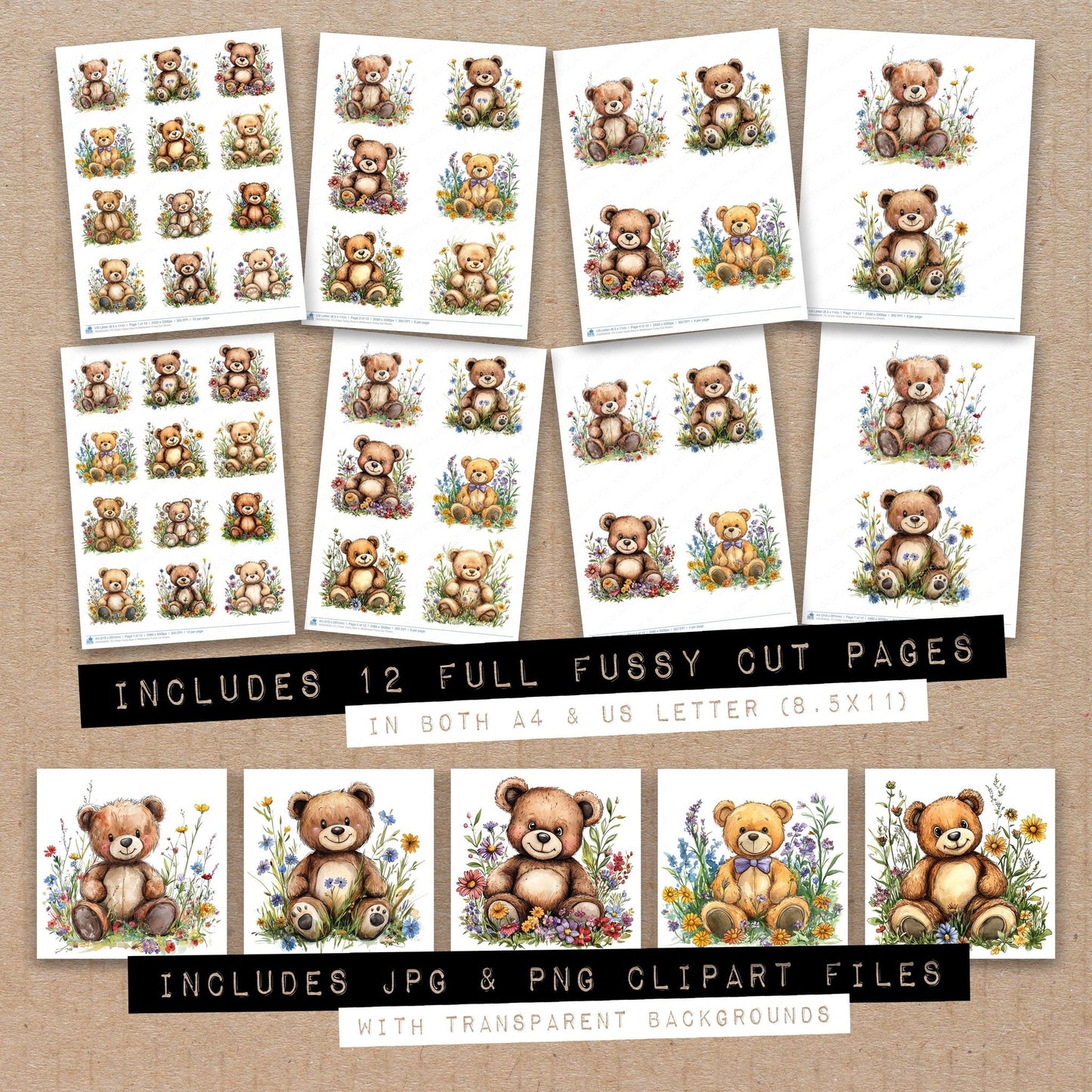 Full collection view of Childs Teddy Bear in Wildflowers fussy cut sheets with bonus clipart JPG and PNG files