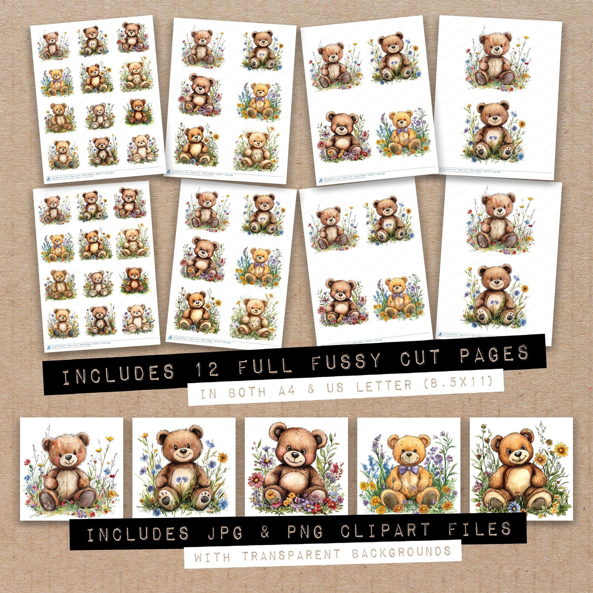 Full collection view of Childs Teddy Bear in Wildflowers fussy cut sheets with bonus clipart JPG and PNG files