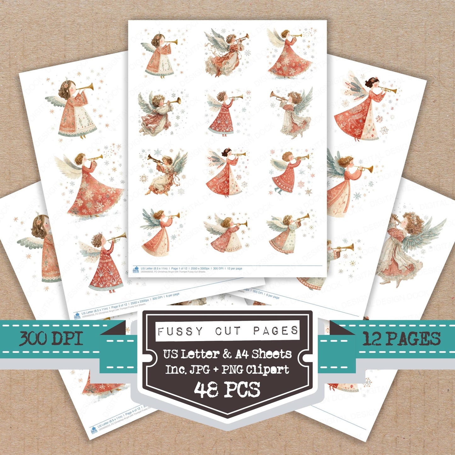 Christmas Angel with Trumpet fussy cut printable sheets for junk journaling, scrapbooking, and paper craft projects
