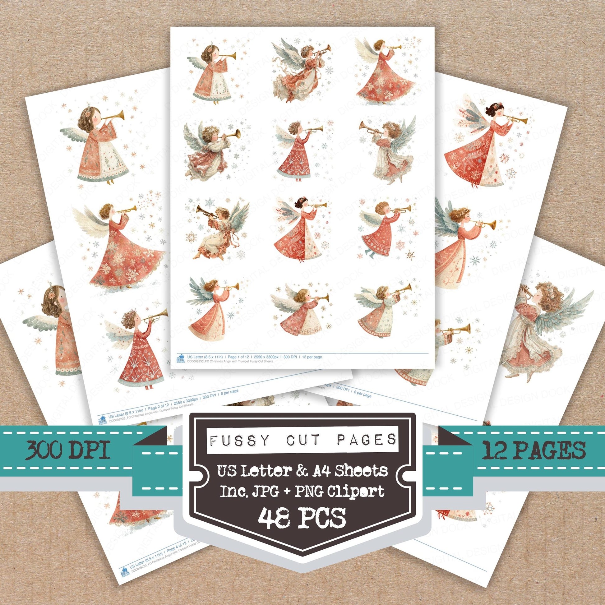 Christmas Angel with Trumpet fussy cut printable sheets for junk journaling, scrapbooking, and paper craft projects