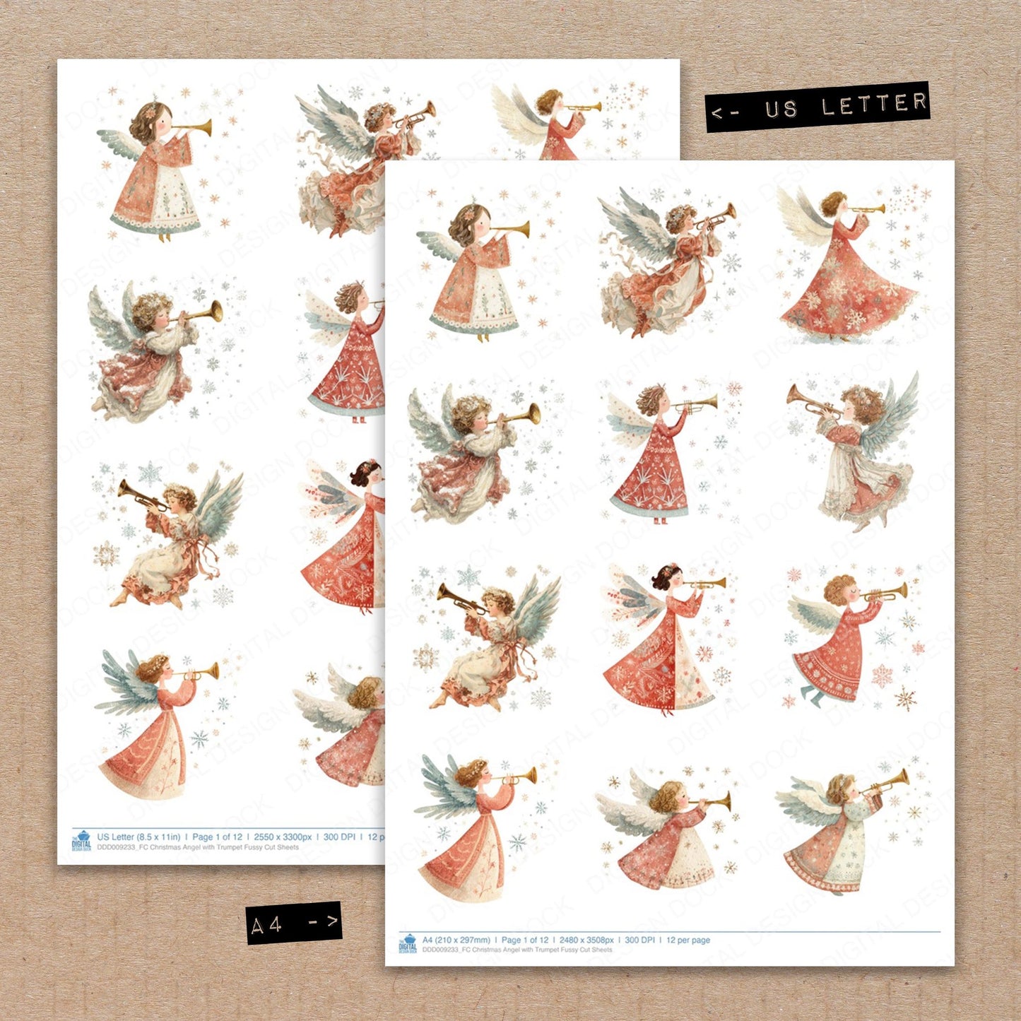 A4 and US Letter format comparison showing Christmas Angel with Trumpet fussy cut pages for print and cut crafting