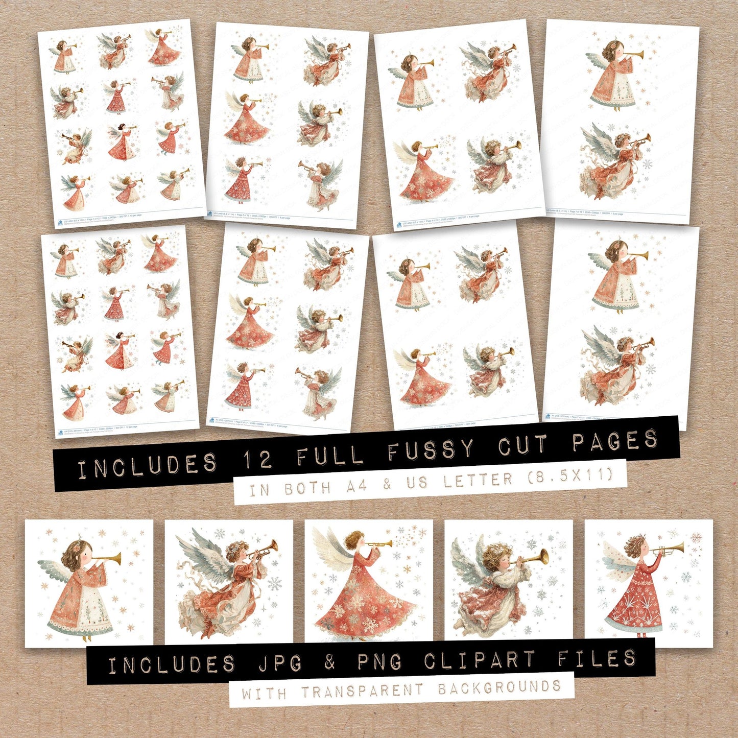 Full collection view of Christmas Angel with Trumpet fussy cut sheets with bonus clipart JPG and PNG files