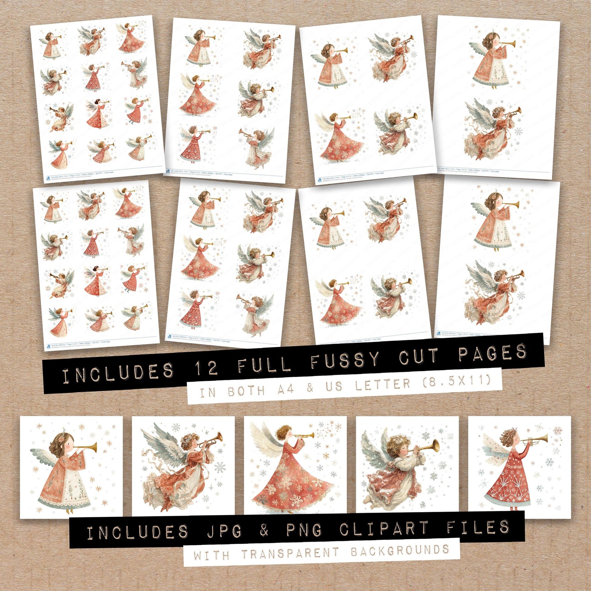 Full collection view of Christmas Angel with Trumpet fussy cut sheets with bonus clipart JPG and PNG files