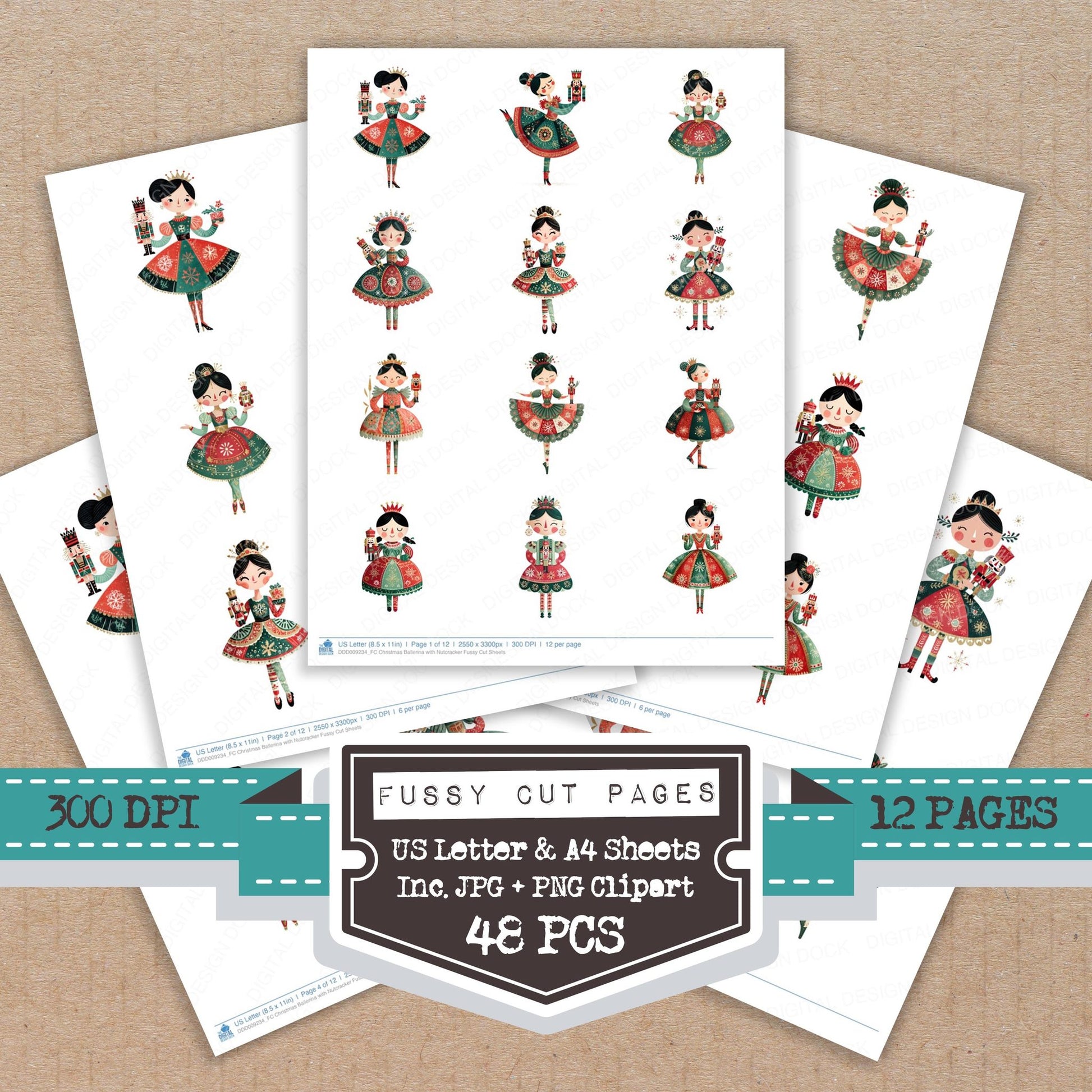 Christmas Ballerina with Nutcracker fussy cut printable sheets for junk journaling, scrapbooking, and paper craft projects