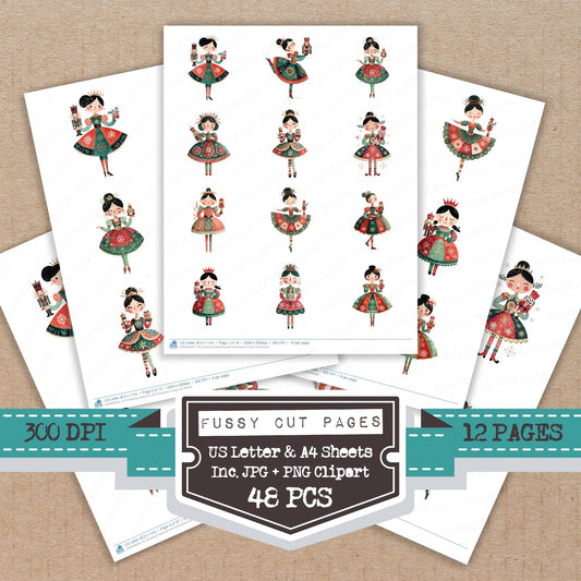 Christmas Ballerina with Nutcracker fussy cut printable sheets for junk journaling, scrapbooking, and paper craft projects