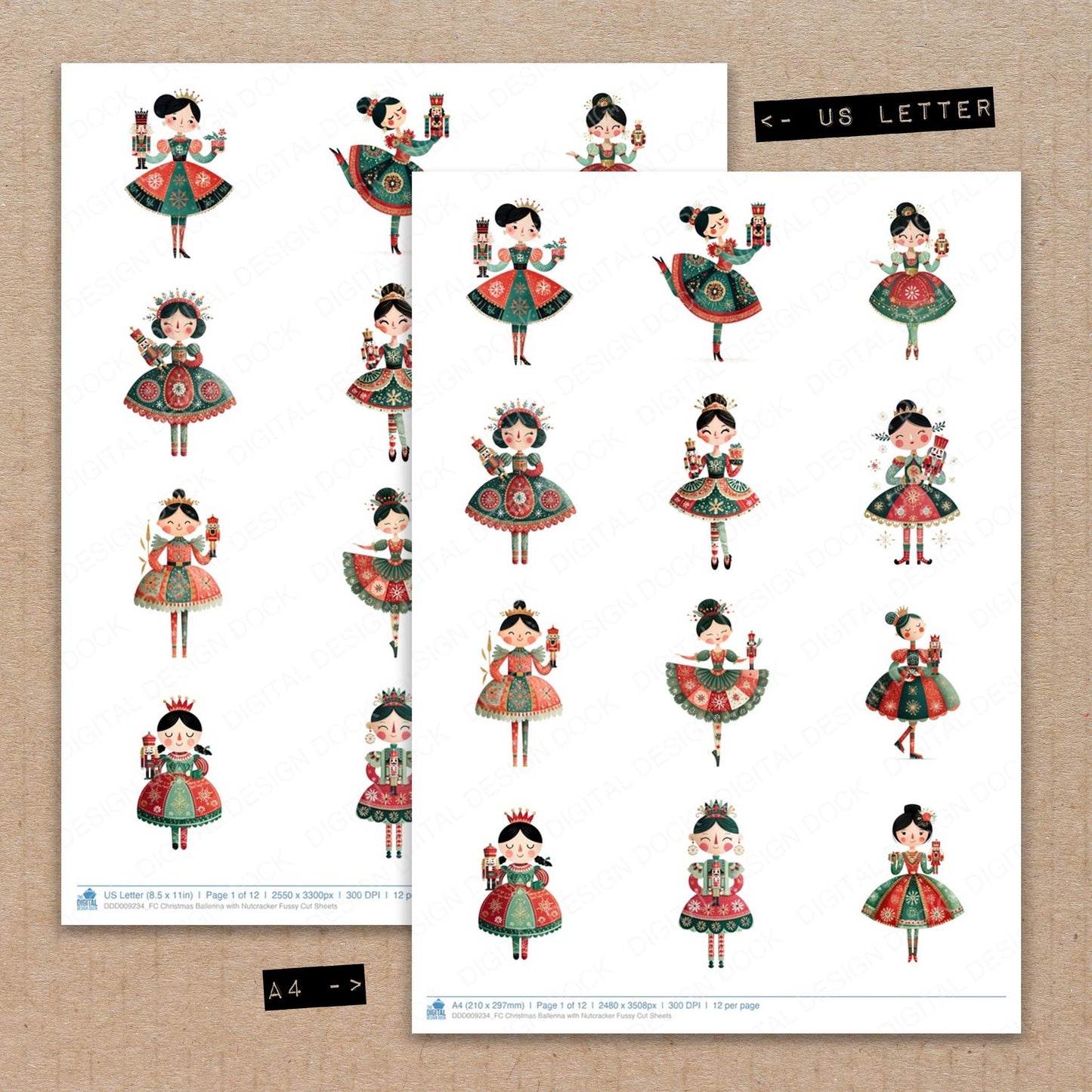 A4 and US Letter format comparison showing Christmas Ballerina with Nutcracker fussy cut pages for print and cut crafting