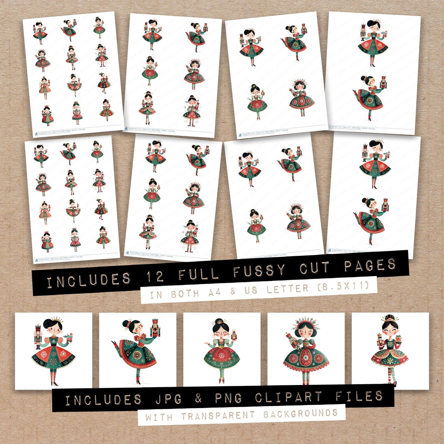 Full collection view of Christmas Ballerina with Nutcracker fussy cut sheets with bonus clipart JPG and PNG files