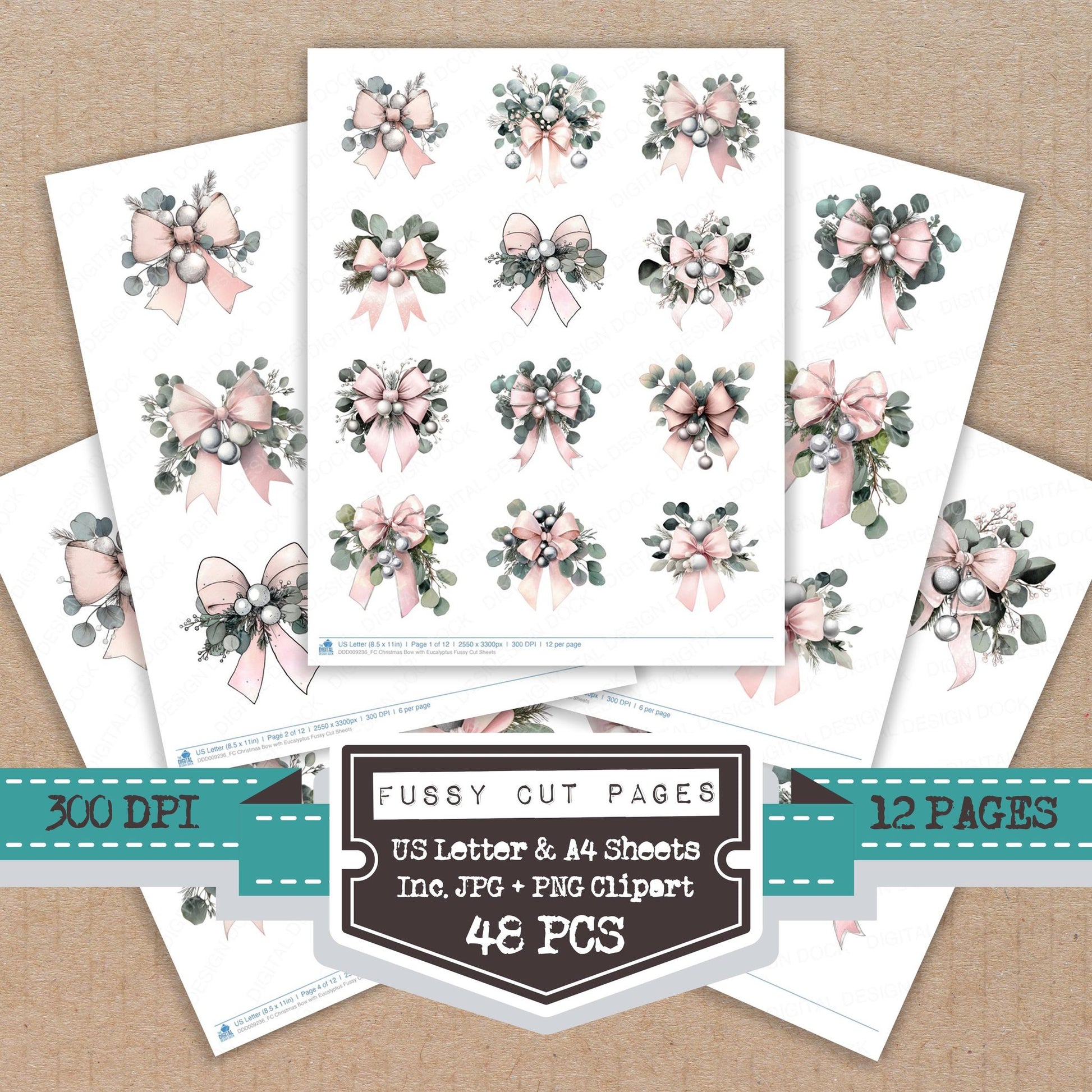 Christmas Bow with Eucalyptus fussy cut printable sheets for junk journaling, scrapbooking, and paper craft projects