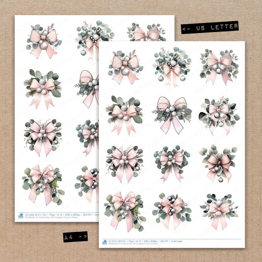 A4 and US Letter format comparison showing Christmas Bow with Eucalyptus fussy cut pages for print and cut crafting
