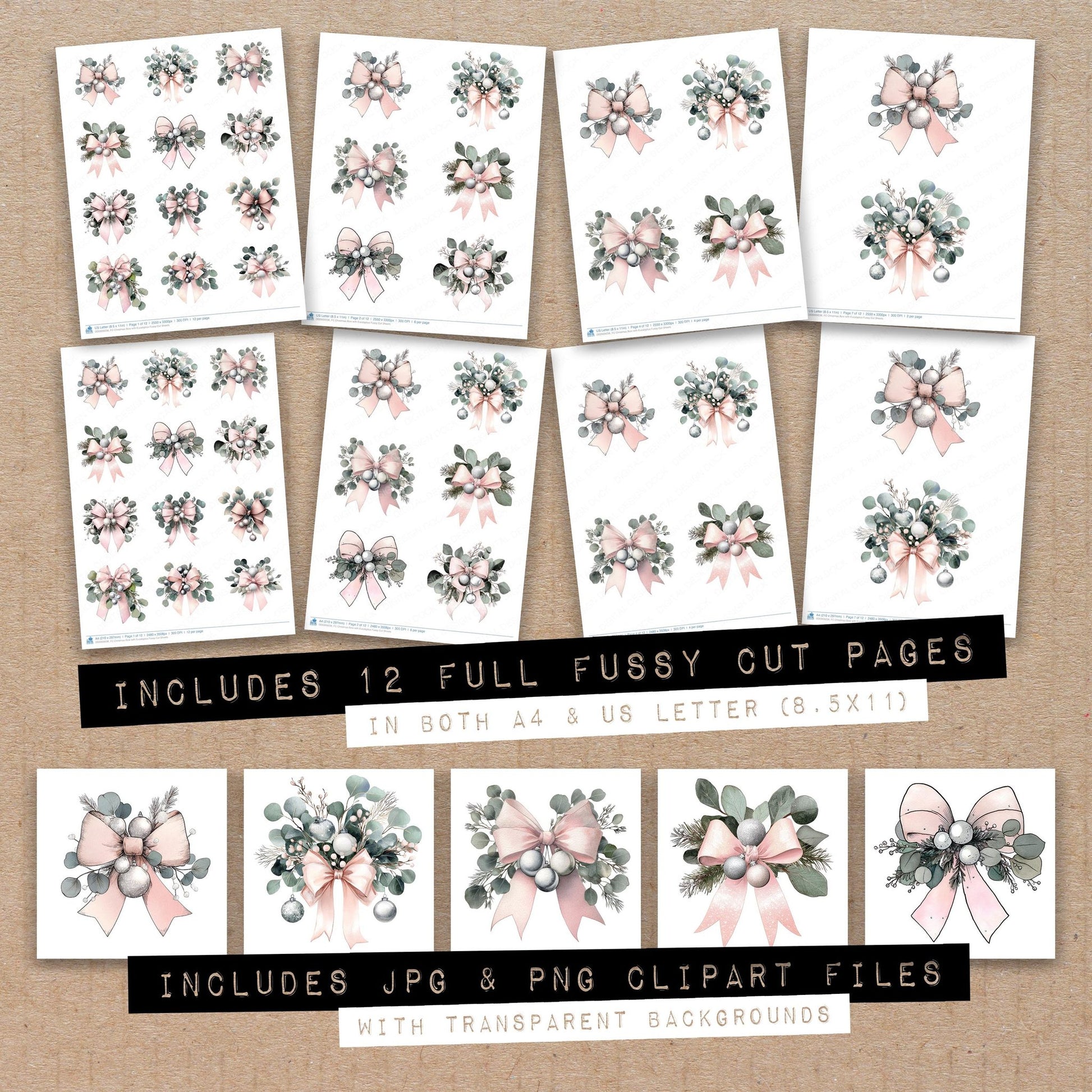 Full collection view of Christmas Bow with Eucalyptus fussy cut sheets with bonus clipart JPG and PNG files