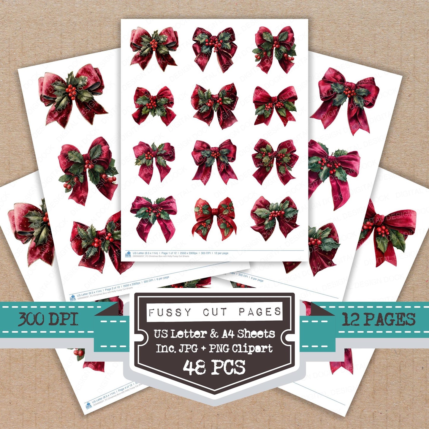 Christmas Bow with Holly fussy cut printable sheets for junk journaling, scrapbooking, and paper craft projects