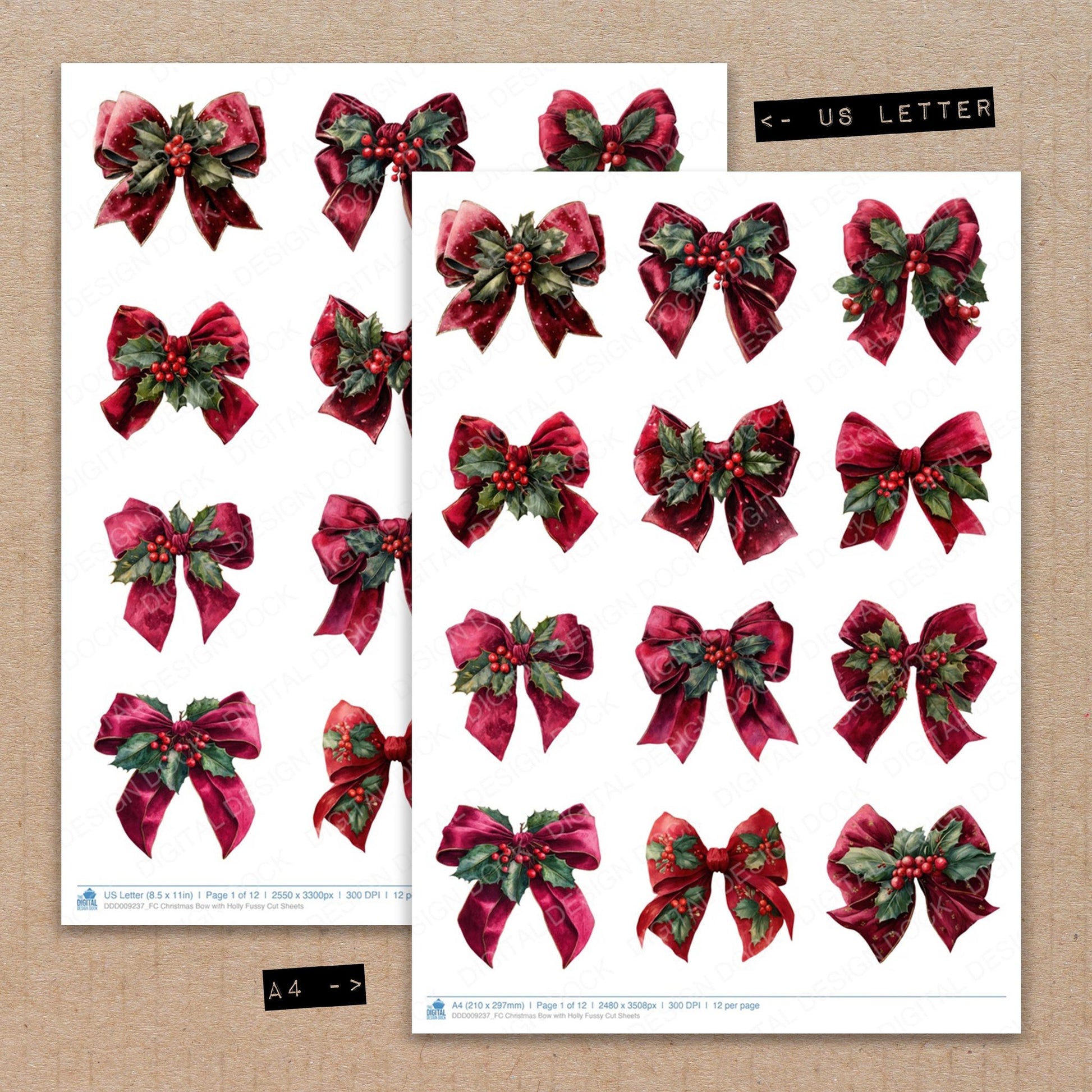 A4 and US Letter format comparison showing Christmas Bow with Holly fussy cut pages for print and cut crafting