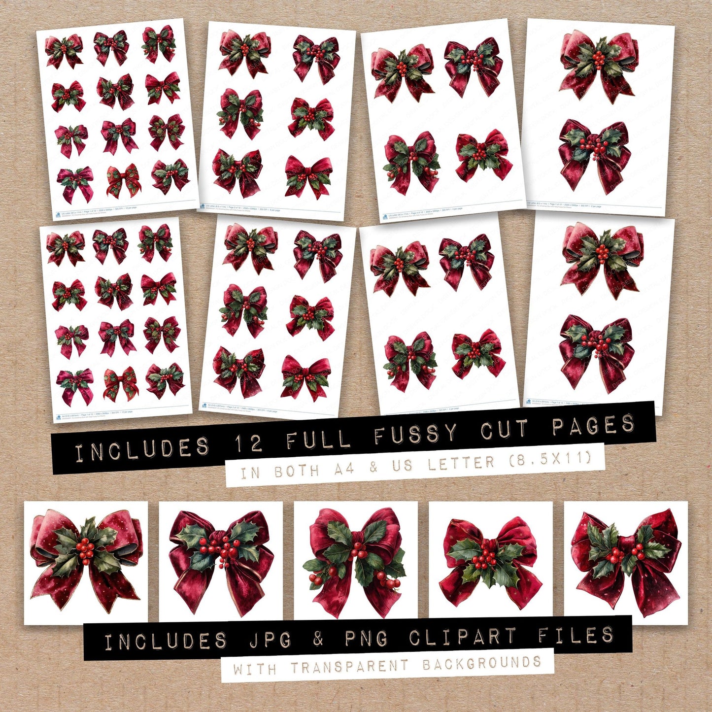 Full collection view of Christmas Bow with Holly fussy cut sheets with bonus clipart JPG and PNG files