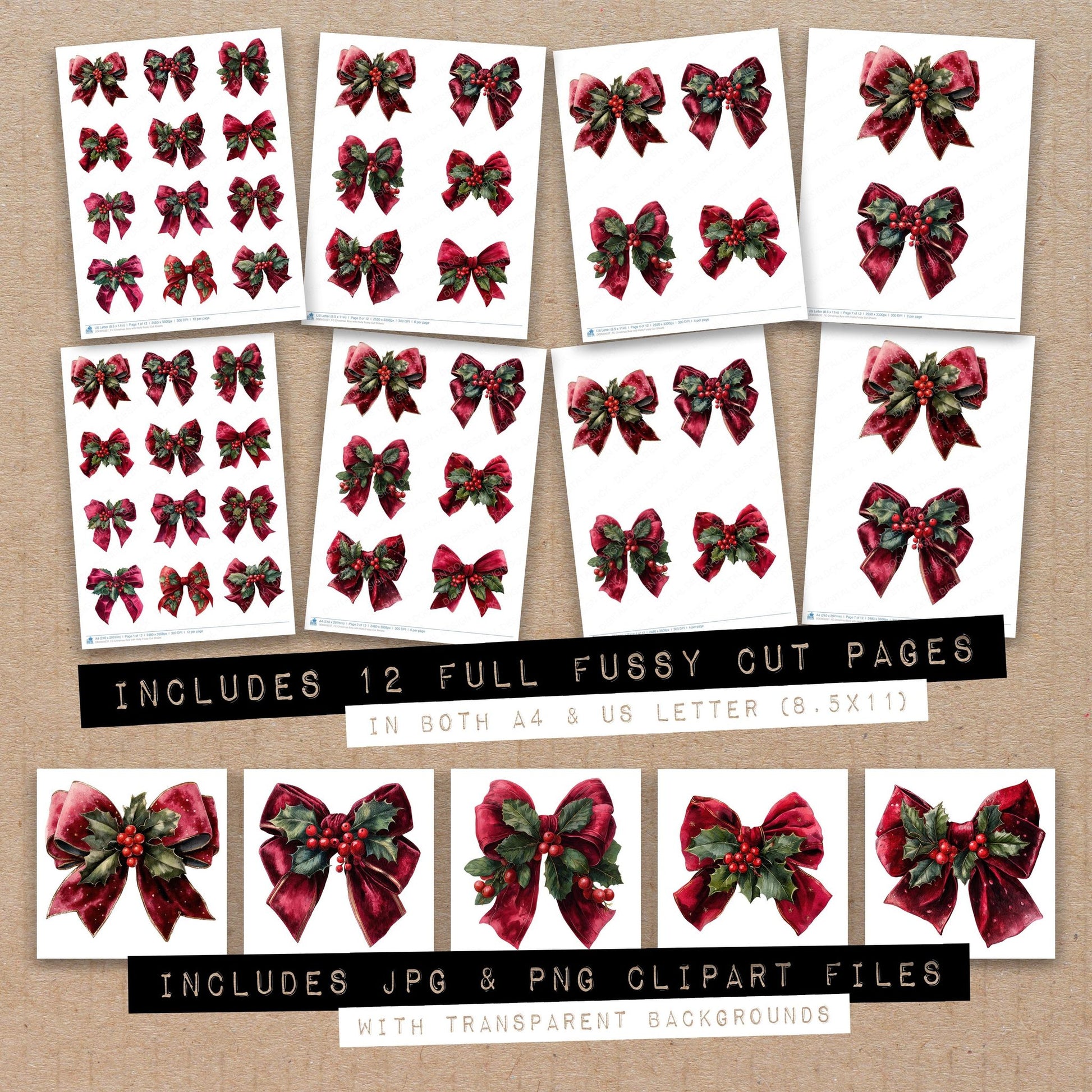 Full collection view of Christmas Bow with Holly fussy cut sheets with bonus clipart JPG and PNG files