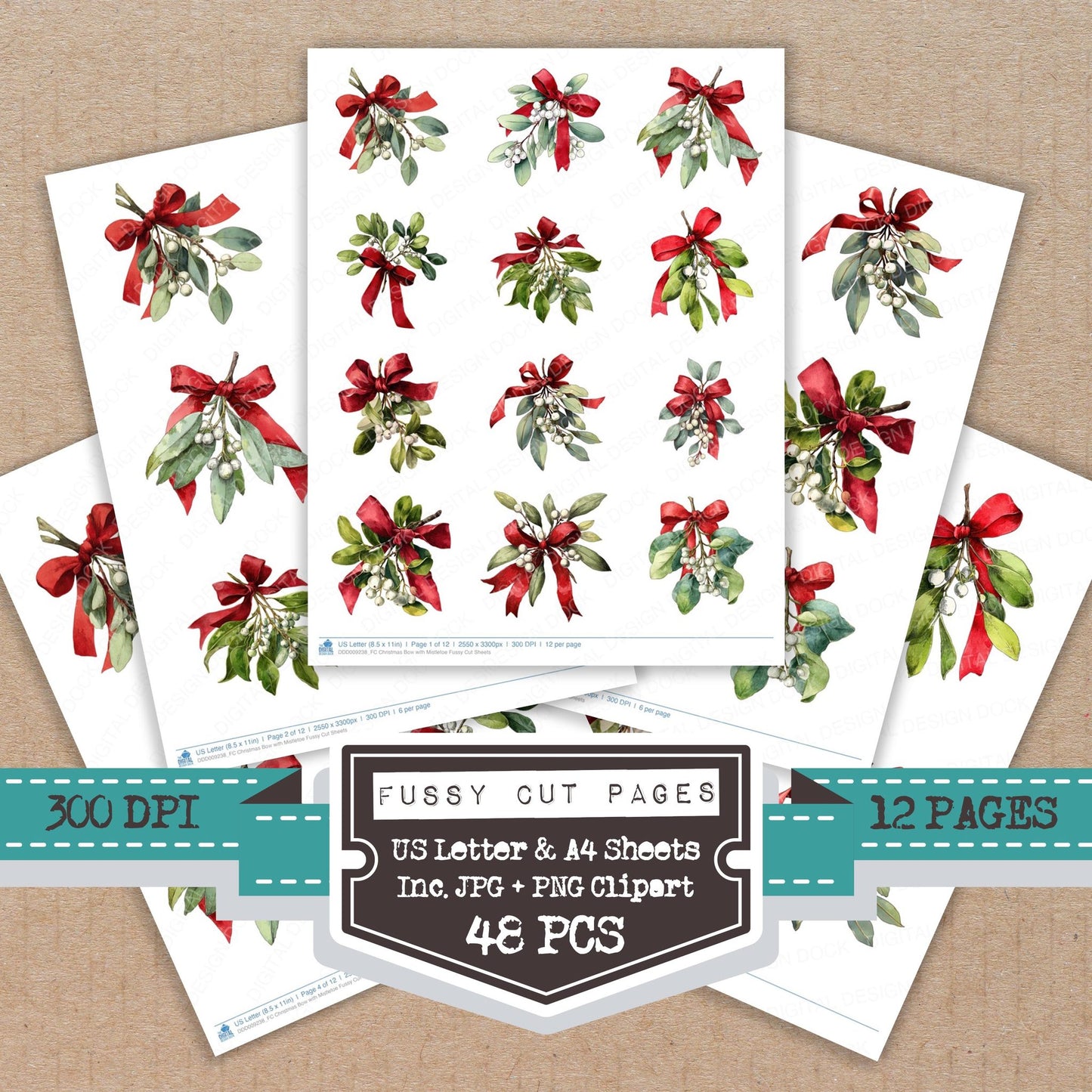Christmas Bow with Mistletoe fussy cut printable sheets for junk journaling, scrapbooking, and paper craft projects