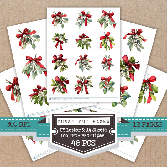 Christmas Bow with Mistletoe fussy cut printable sheets for junk journaling, scrapbooking, and paper craft projects