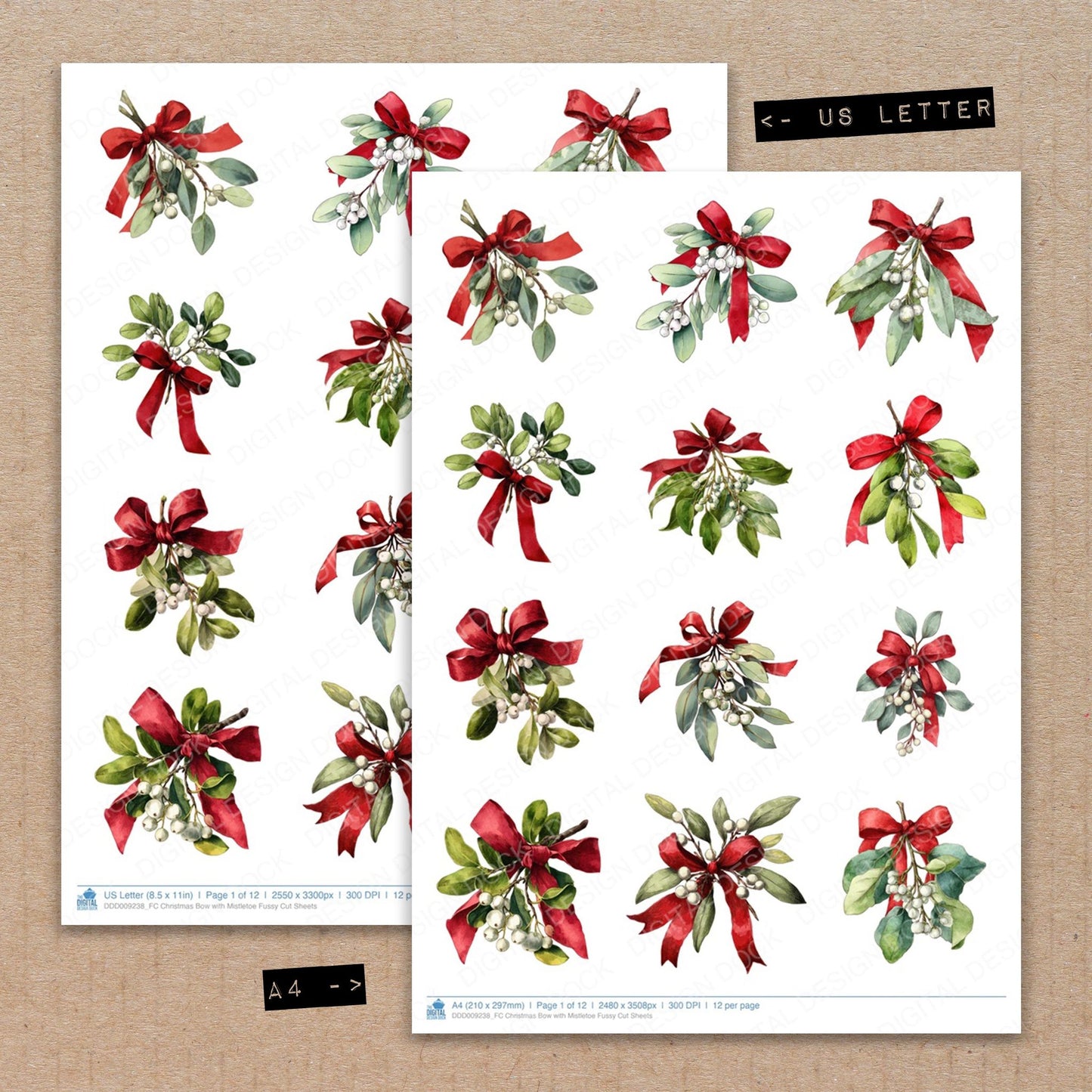 A4 and US Letter format comparison showing Christmas Bow with Mistletoe fussy cut pages for print and cut crafting