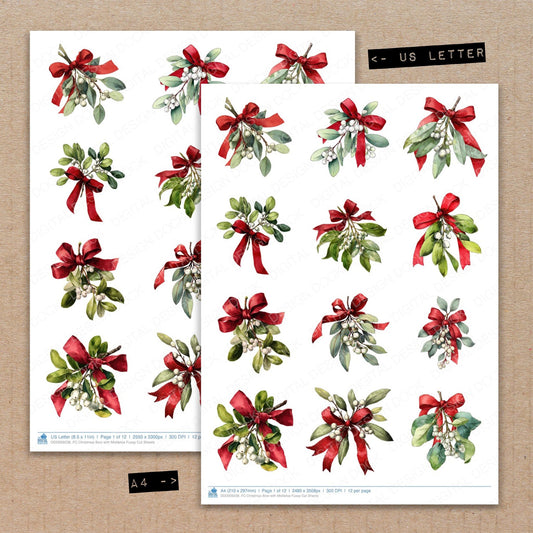 A4 and US Letter format comparison showing Christmas Bow with Mistletoe fussy cut pages for print and cut crafting