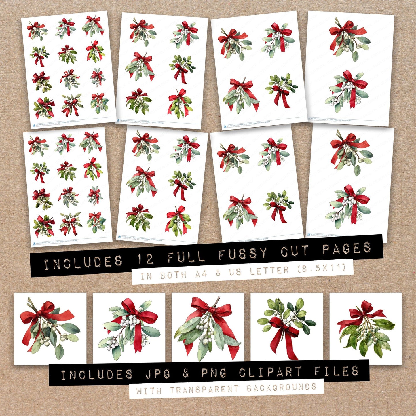 Full collection view of Christmas Bow with Mistletoe fussy cut sheets with bonus clipart JPG and PNG files