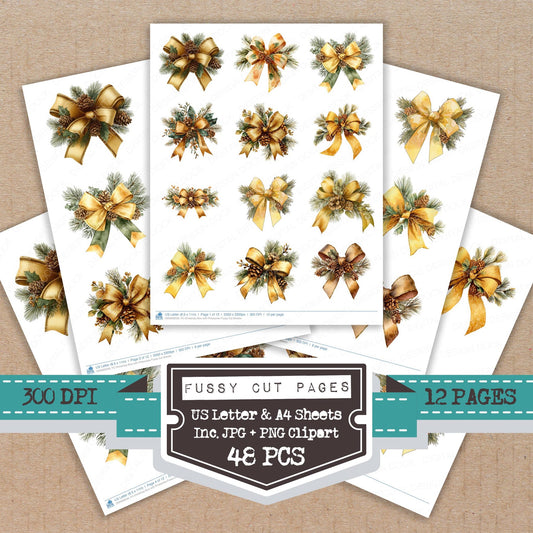 Christmas Bow with Pinecones fussy cut printable sheets for junk journaling, scrapbooking, and paper craft projects