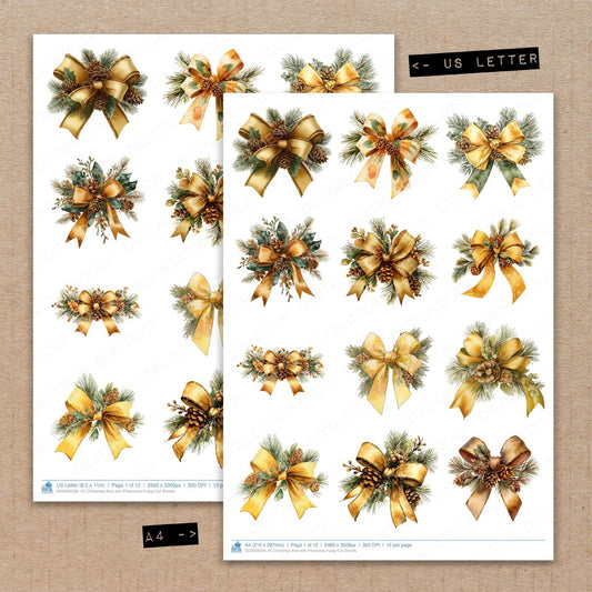 A4 and US Letter format comparison showing Christmas Bow with Pinecones fussy cut pages for print and cut crafting