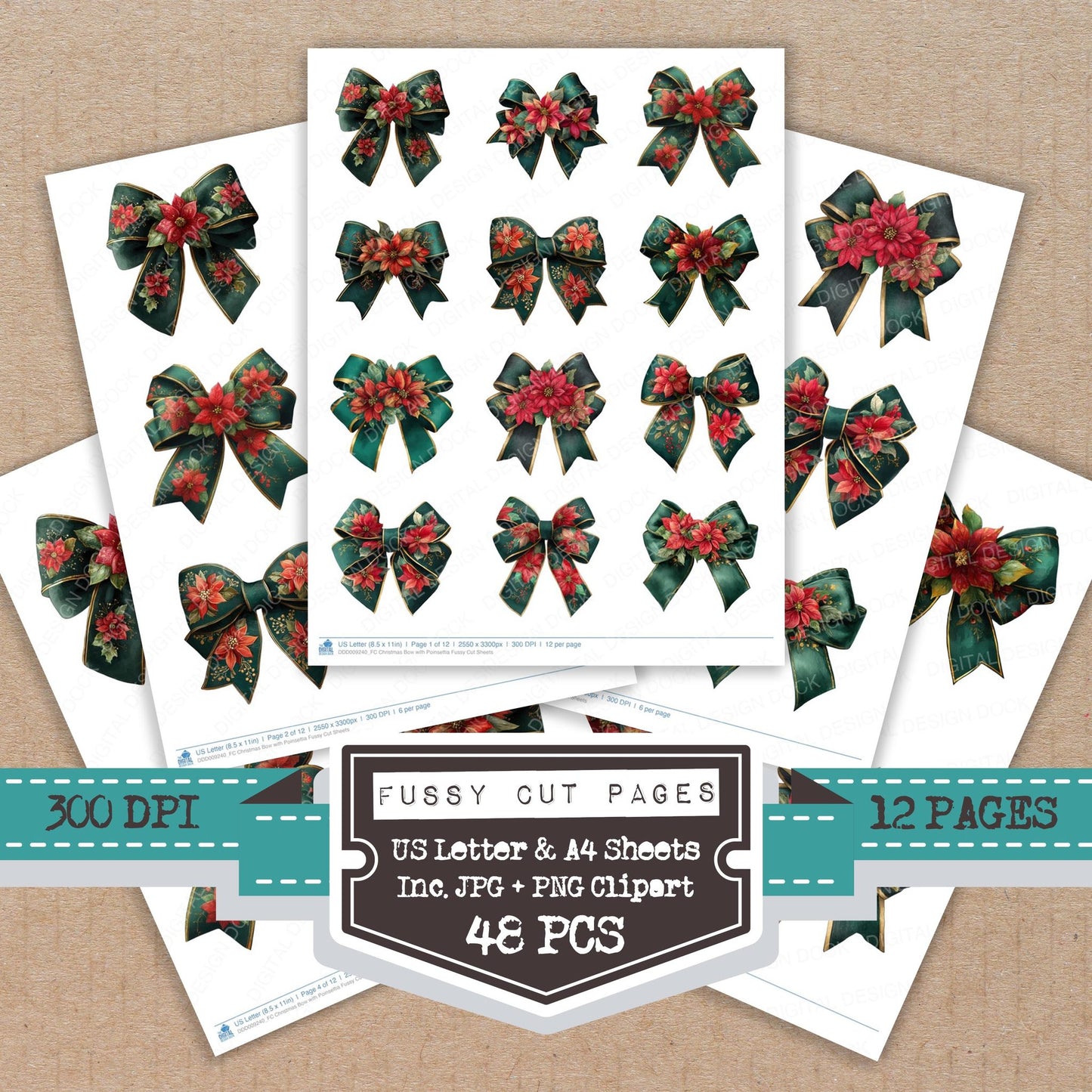 Christmas Bow with Poinsettia fussy cut printable sheets for junk journaling, scrapbooking, and paper craft projects