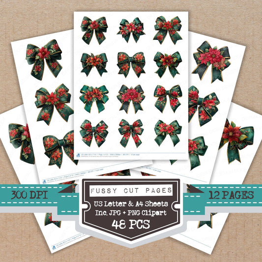 Christmas Bow with Poinsettia fussy cut printable sheets for junk journaling, scrapbooking, and paper craft projects