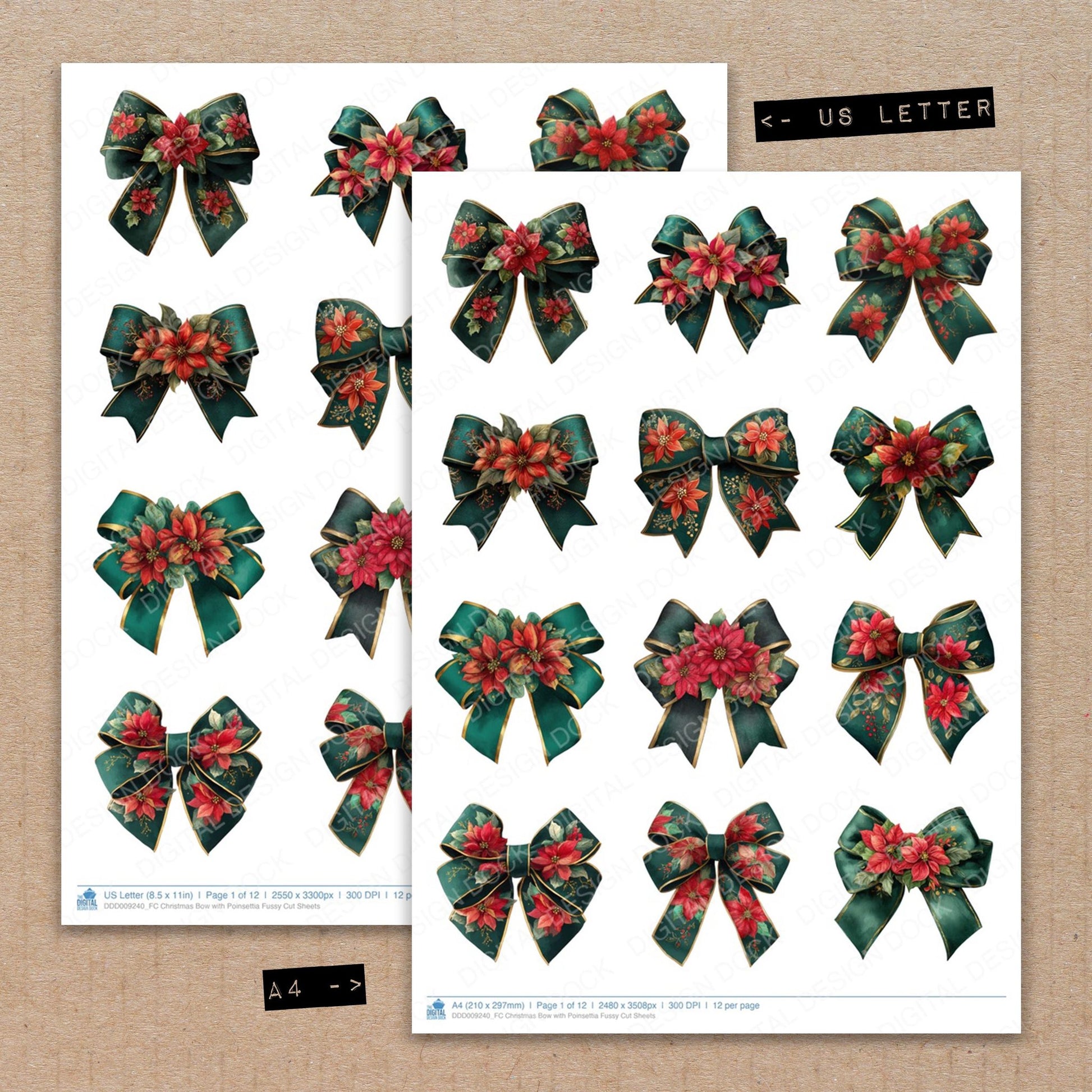A4 and US Letter format comparison showing Christmas Bow with Poinsettia fussy cut pages for print and cut crafting
