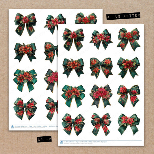 A4 and US Letter format comparison showing Christmas Bow with Poinsettia fussy cut pages for print and cut crafting