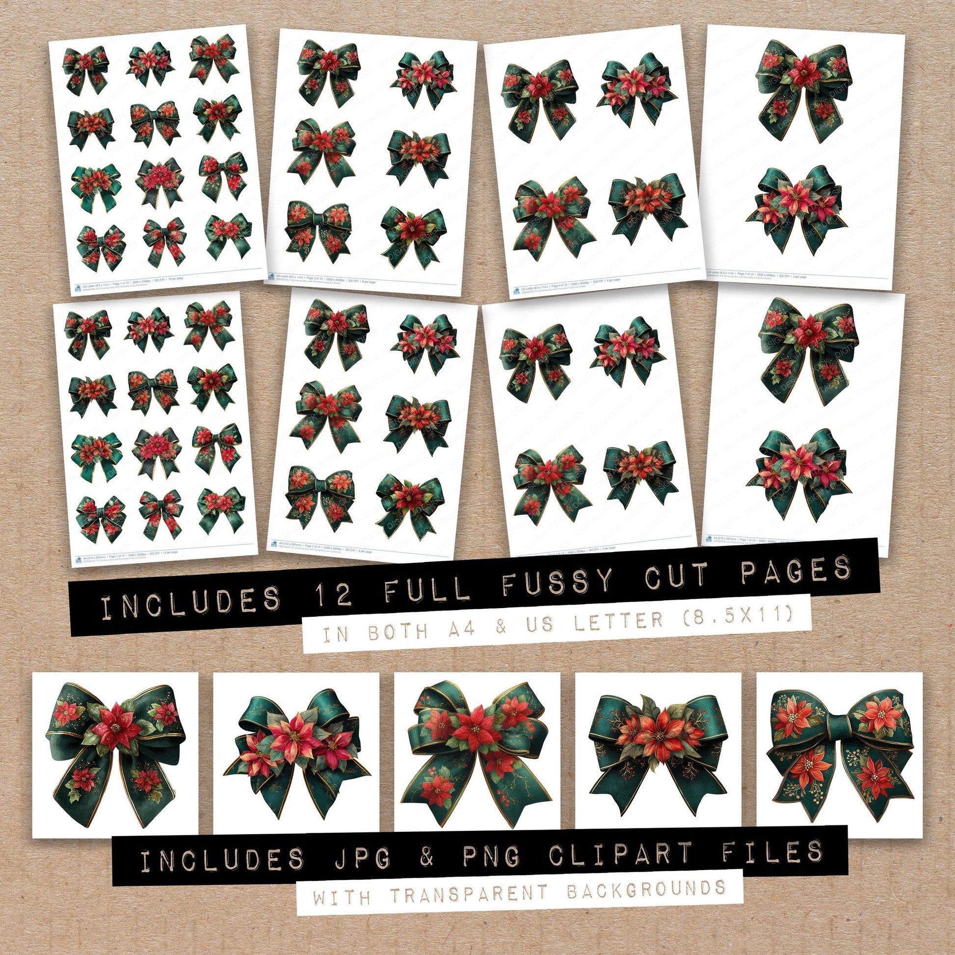 Full collection view of Christmas Bow with Poinsettia fussy cut sheets with bonus clipart JPG and PNG files